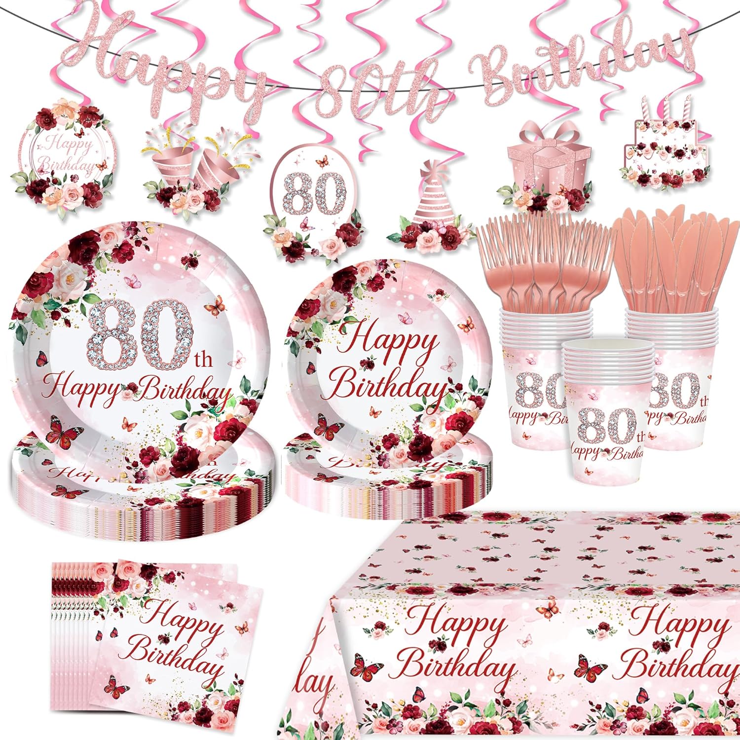 120PCS Happy 80th Birthday Party Supplies for Woman Lady Burgundy Themed Birthday Party Decor Watercolor Floral Tableware Disposable Paper Plates Napkins Forks with Banner Tablecloth for 20 Guests