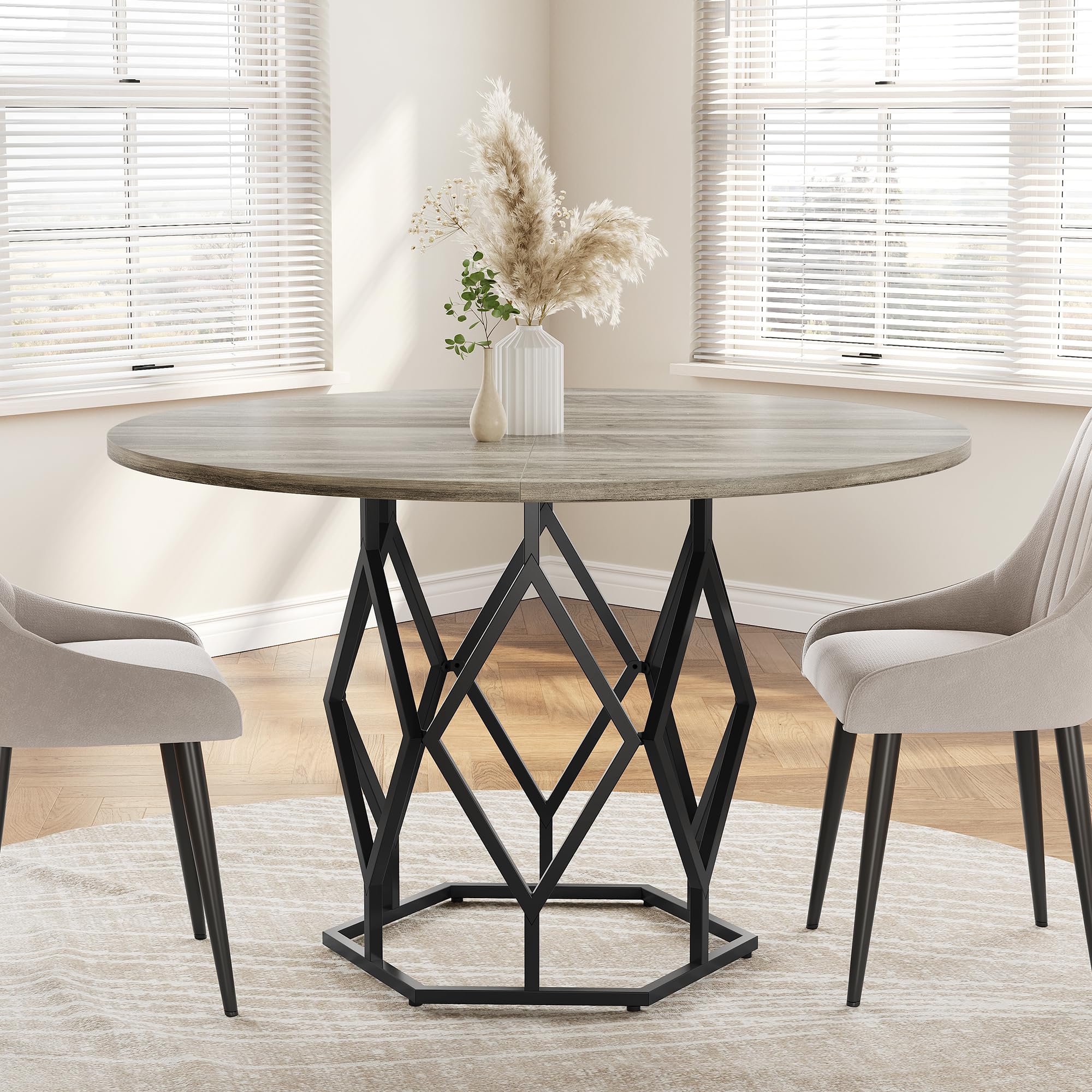 GarveeHome 120 cm Round Dining Table for 4-6, Industrial Farmhouse Kitchen & Restaurant Table with Sturdy Wood Top and Durable Metal Base, Modern Dining Table for Commercial & Home Use