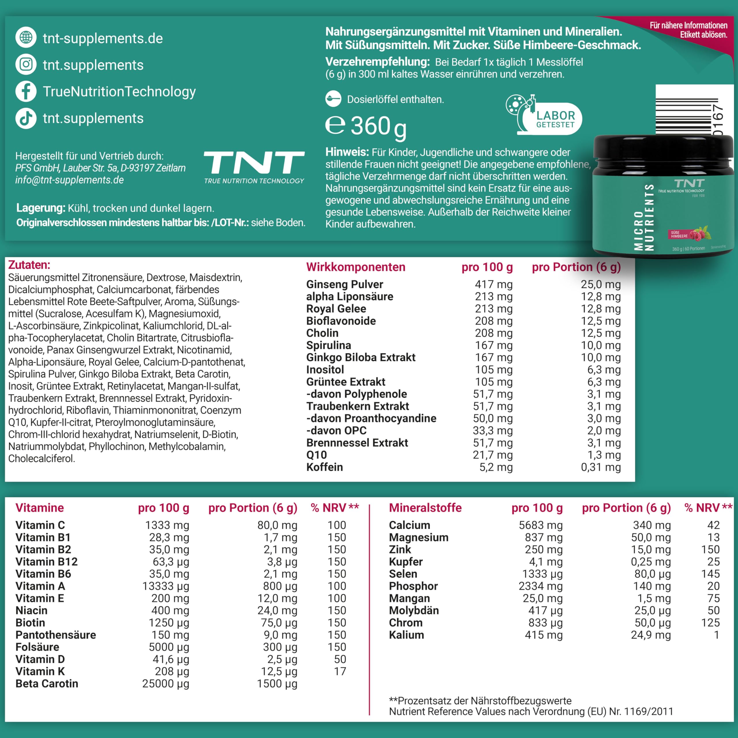 TNT Multivitamin Pulver mit 24 Vitaminen & Mineralien (360g) • Vitamin Komplex mit Grüntee Extrakt, Spirulina & Coenzym Q10 • Micronutrients (Süße Himbeere)
