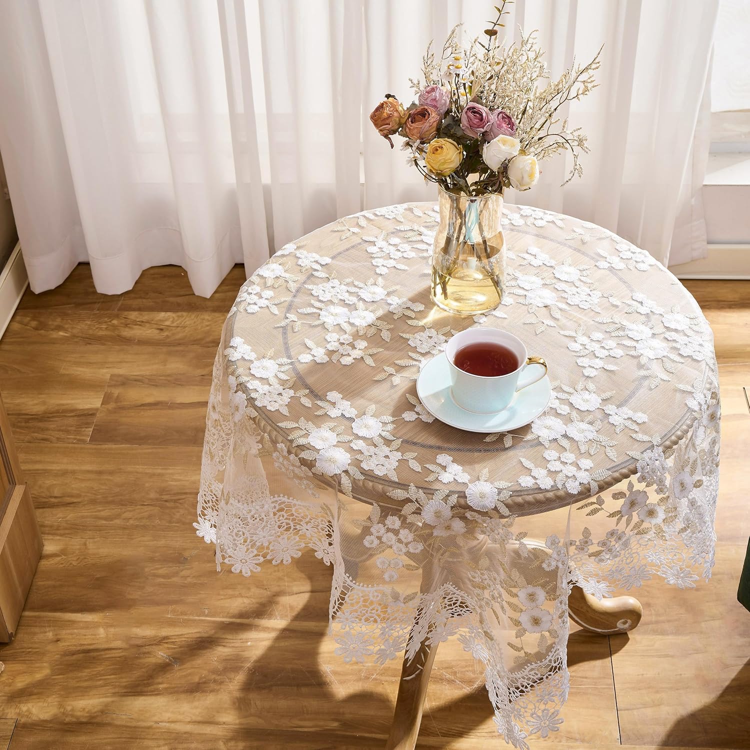 Floral Lace Tablecloth Ivory with White Gold Embroidered Flowers 33”x33” Square Small Table Cover (White & Ivory, 33”x33” Square)