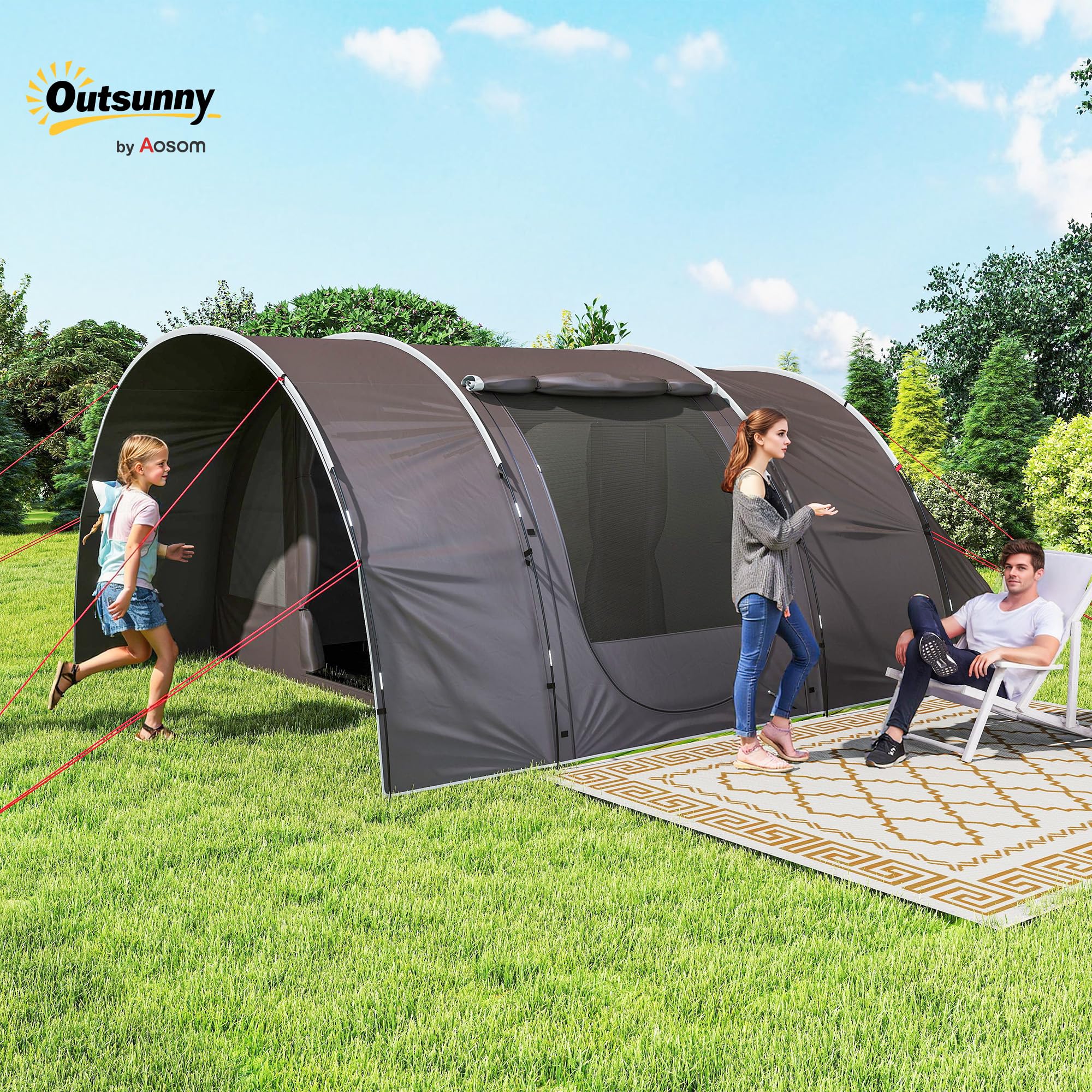 Outsunny Tente de Camping avec Porche pour 4 à 6 Personnes, Tente Tunnel familiale légère ventilée étanche 5 000 mm Montage Facile, Sac de Transport et Tapis Inclus, pour randonnée Trekking, Gris