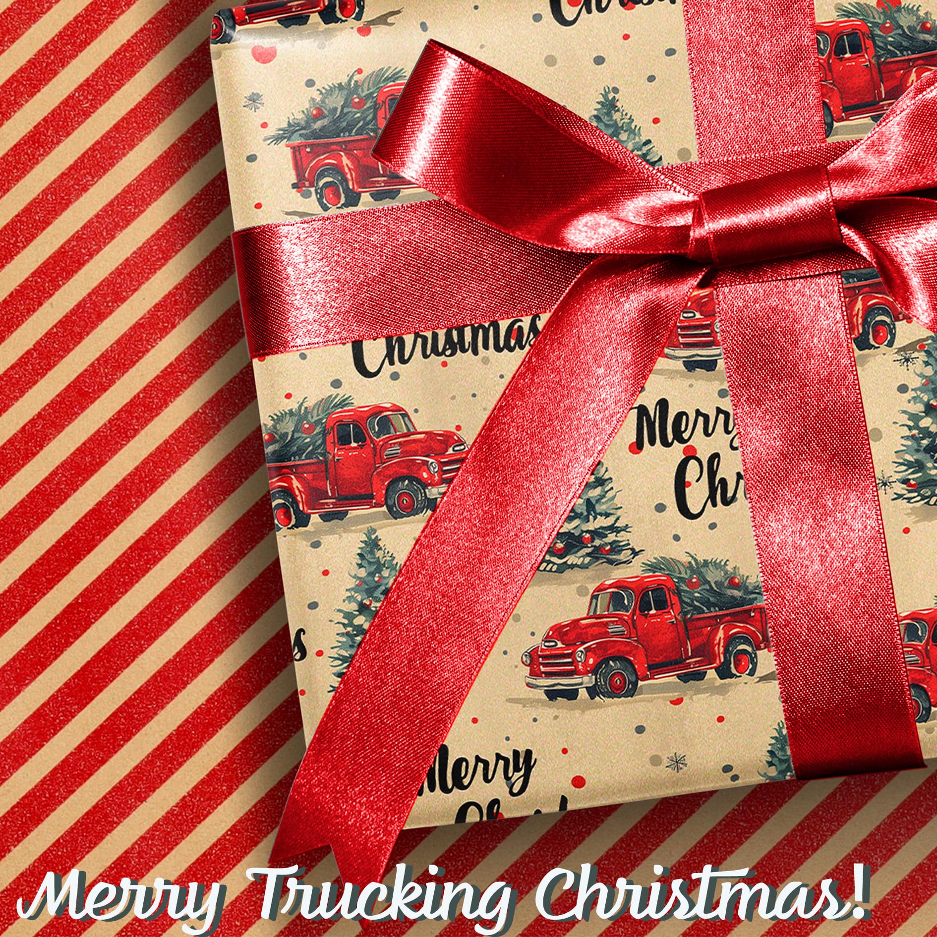 BIOBROWN Wendbares Kraftpapier-Weihnachtsgeschenkpapier, 43,2 x 100 cm, Vintage-Truck-Design, perfekt für Weihnachten, Party, Urlaub, Geschenkpapier