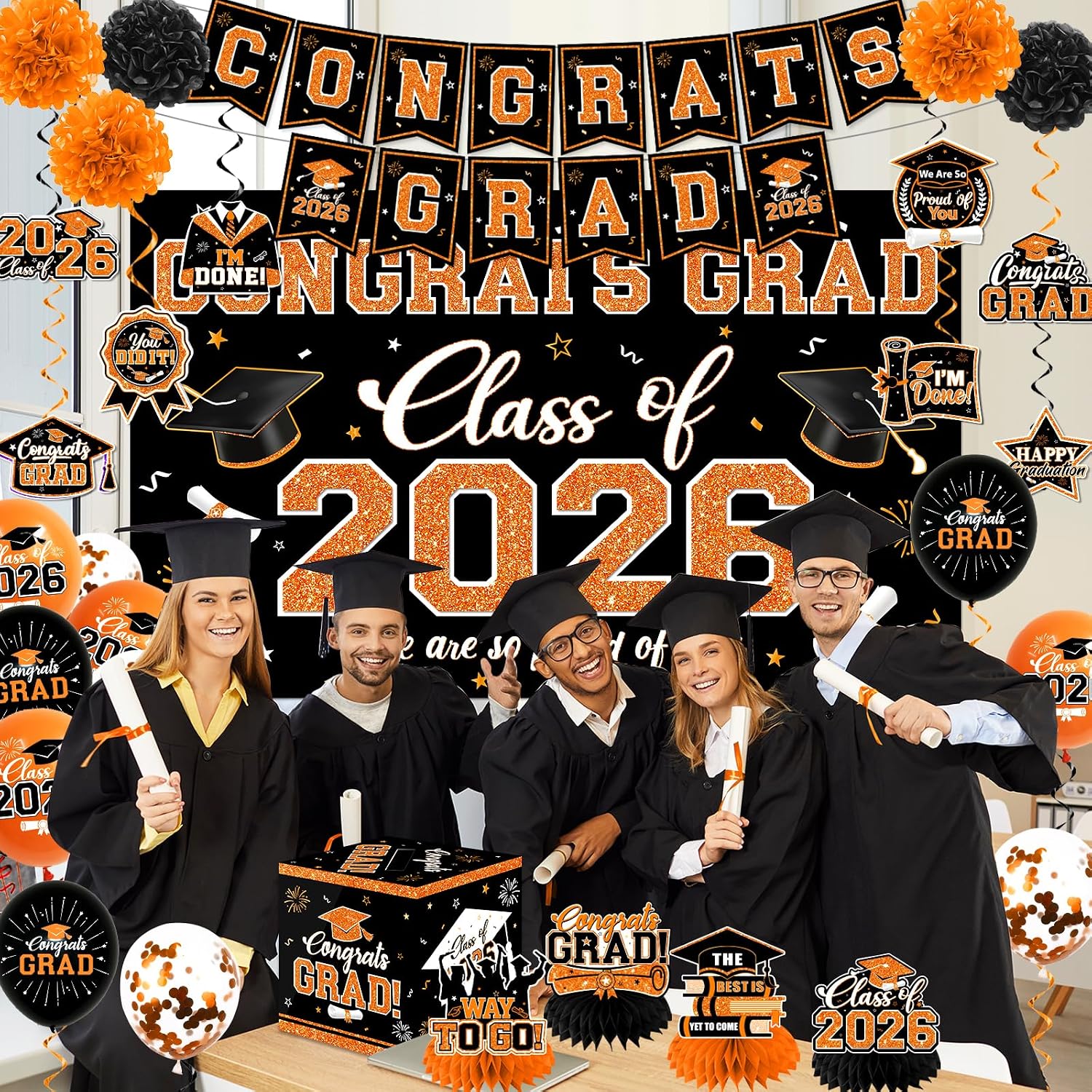 Graduation Decorations Class of 2026,Orange and Black Graduation Decorations 2026- Congrats Grad Decorations Orange Banner＆Hanging Swirls,Card Box,Pompoms,Balloons,Porch Sign for College Grad Party