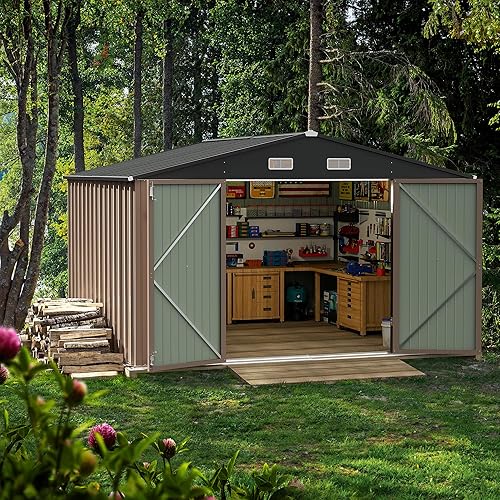 Miniatura 6 de Homall Cobertizo de almacenamiento para exteriores, cobertizos de jardín de metal de 10 x 10 pies y casa de almacenamiento al aire libre con puerta