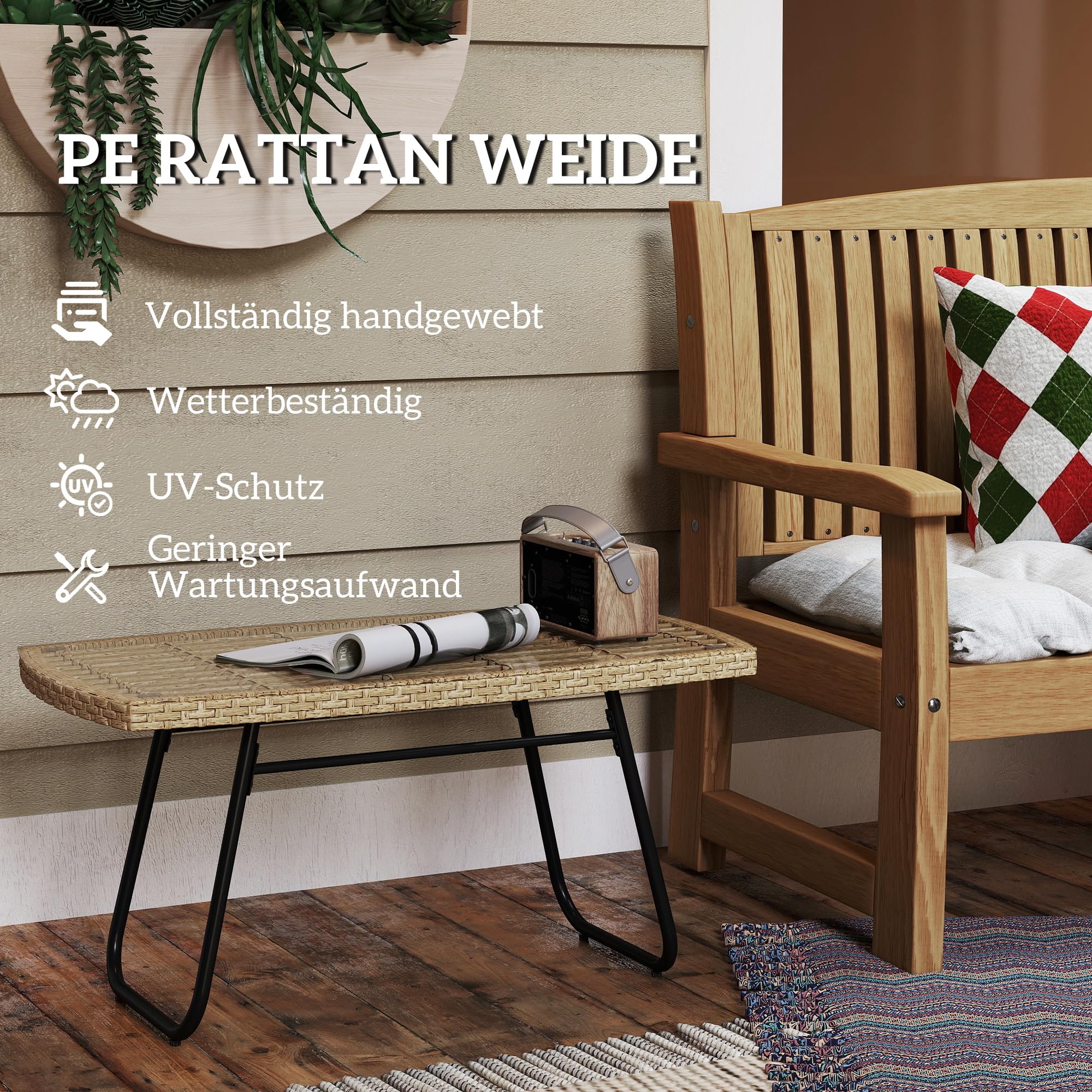 Outsunny Polyrattan Gartentisch 90 x 50 x 45 cm UV-beständig Naturholz | Beistelltisch mit Glasplatte, Rechteckiger Terrassentisch, Balkontisch für Garten, Terrasse, Balkon