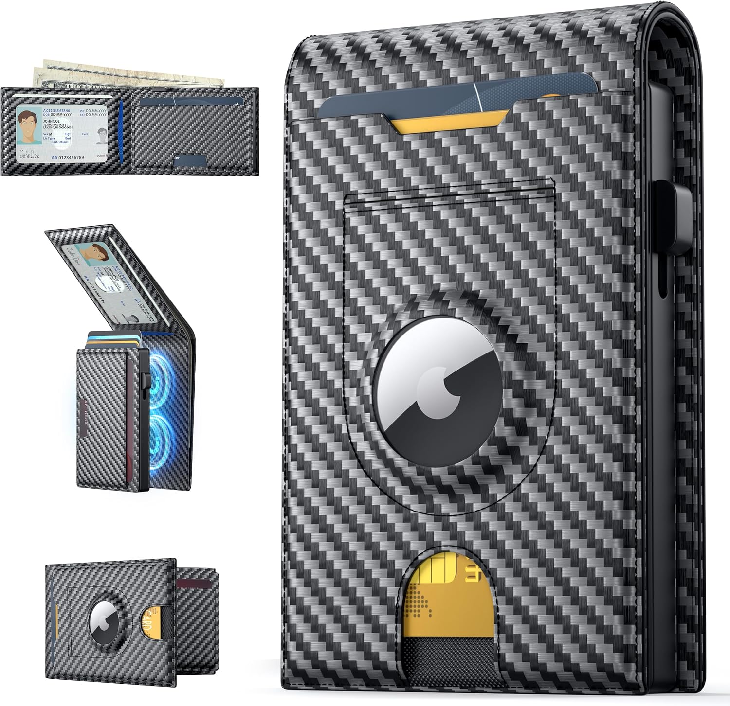 Wallet for Men, Mens Wallet with AirTag Holder Magnetic Pop Up Card Holder Smart RFID Blocking Slim Leather Cash Slots ID Windows Minimalist Wallets (No Air tag Included)