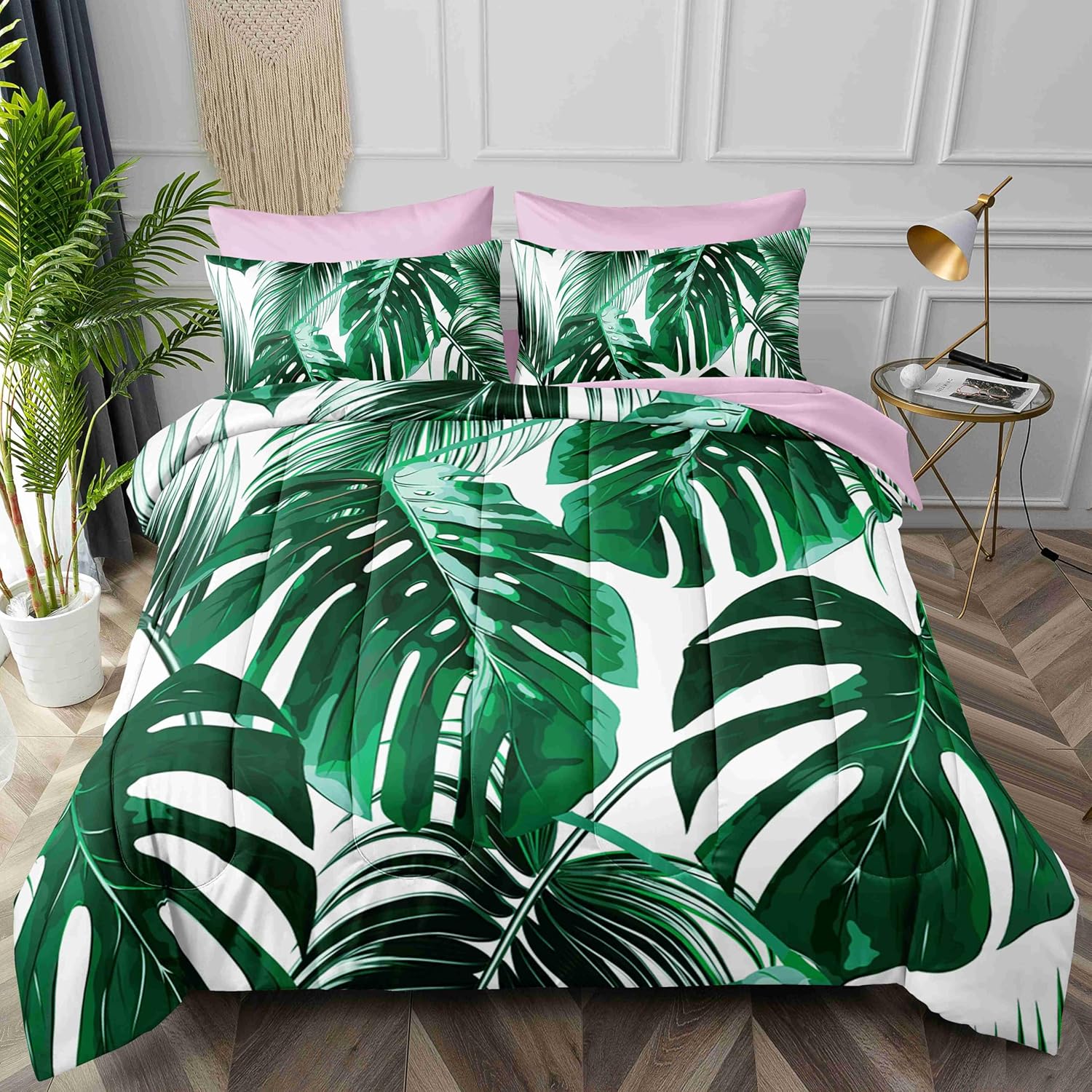 7 Pcs Queen Size Comforter Set with Pillowcases & Shams, Green Tropical Monstera Leaf Bedding, Botanical Bed in a Bag with Flat and Fitted Sheets for Kids and Adults