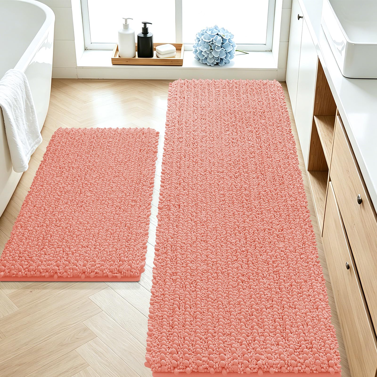ACCUMTEK Upgrade Luxury 2 Piece Coral Toilet Bathroom Rug Mat 60"x20"+32"x20", Ultra Soft Thick Absorbent Bath Mats, Non Slip Chenille Toilet Mat for Bathroom, Bedroom, Kitchen, Shower, Tub