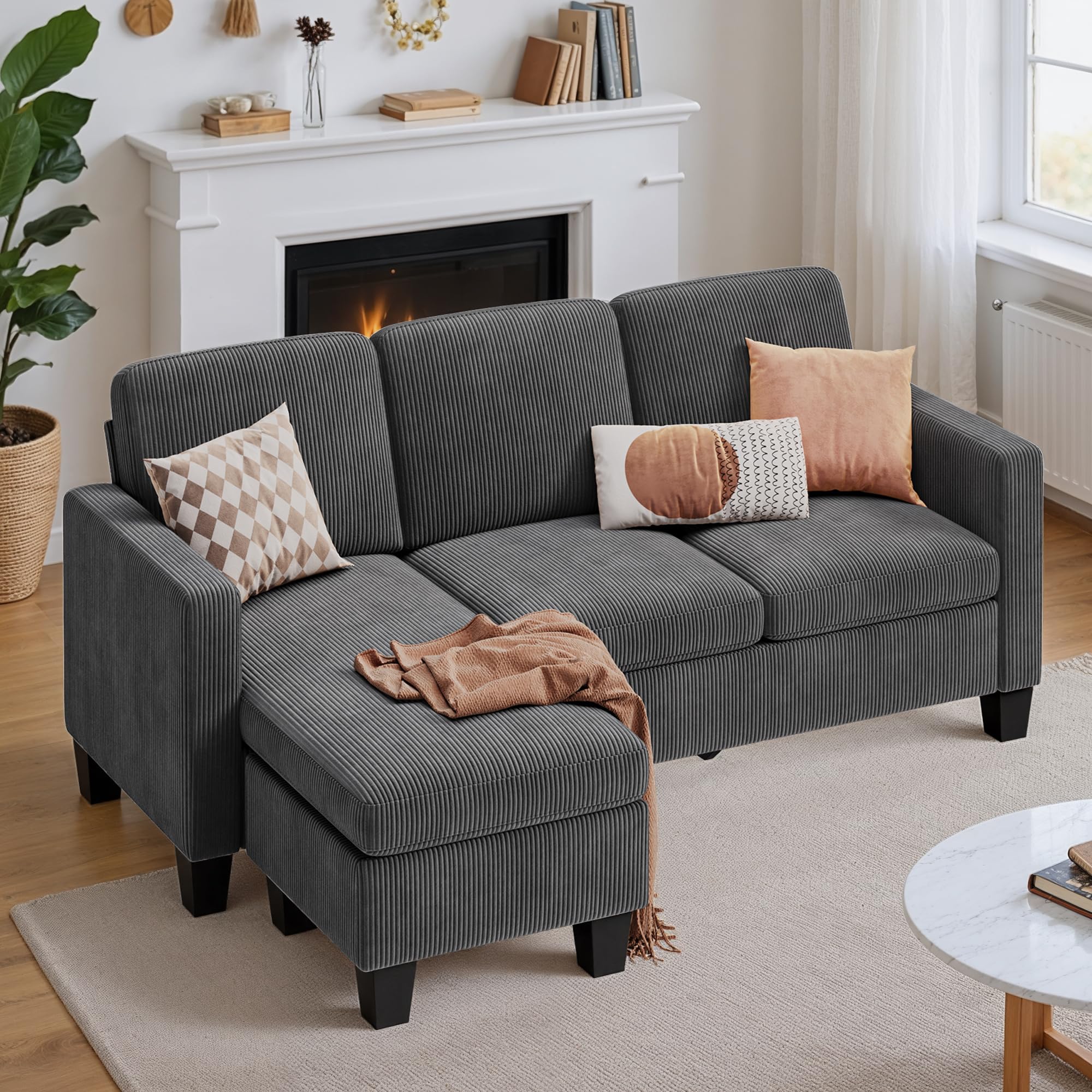 Xbro Sofá Chaise Longue de 3 plazas en Forma de L, Relleno de Esponja de Alta Resiliencia, Tejido de Algodón y Lino Transpirable para Salón Moderno, Gris Oscuro