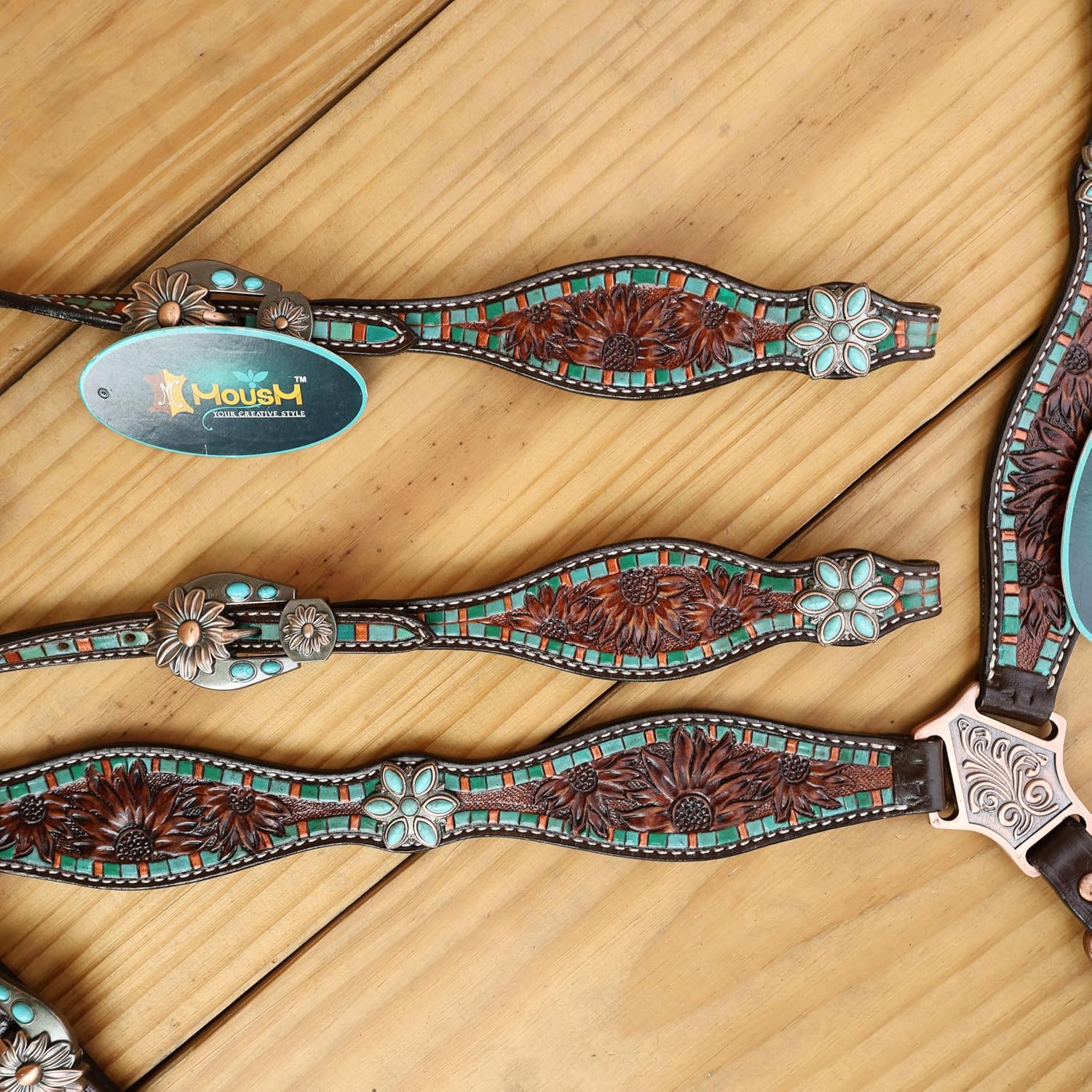 Western Horse Tack Set with Sunflower Carving, Turquoise Flower Hardware, Stripped Tooled Design, and Hand-Painted Details
