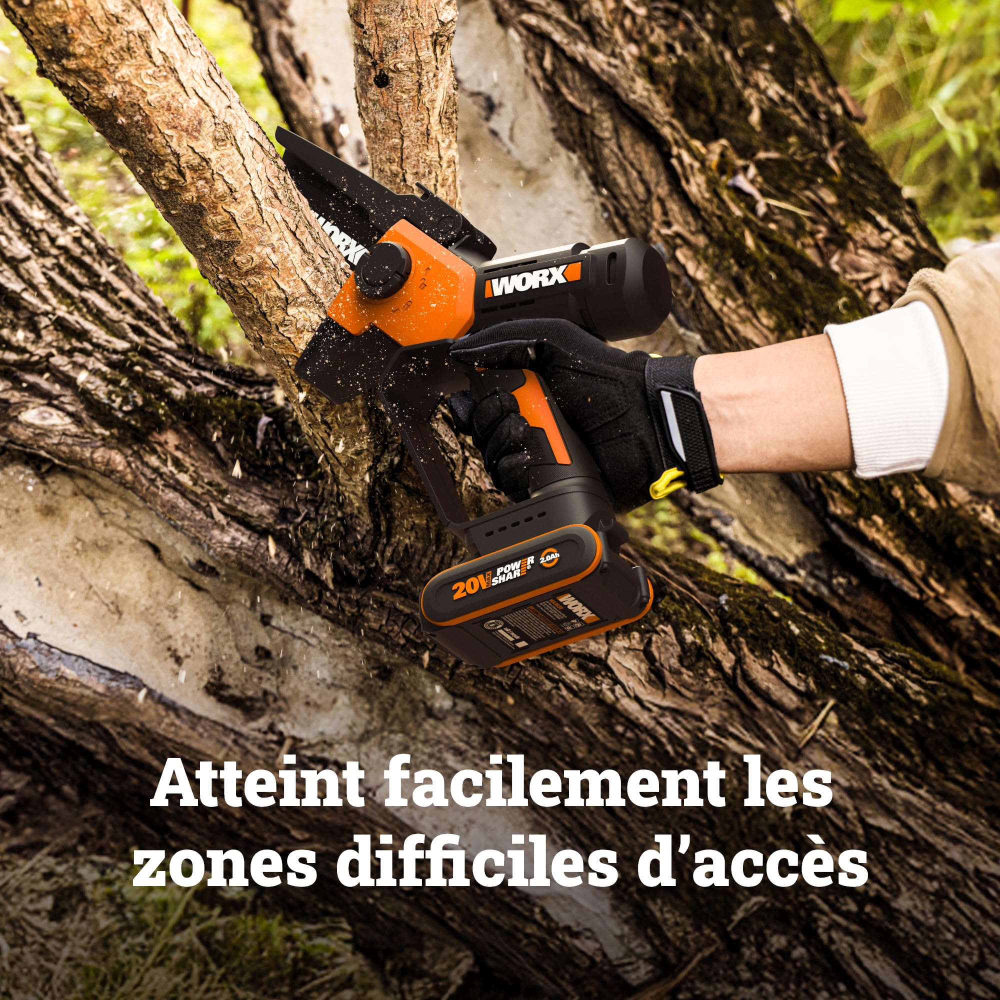 WORX Élagueuse Mini Tronçonneuse sans fil 20V WG326E.9, guide de 12 cm, moteur puissant, compacte et ergonomique, pour élagage, taille, ébranchage, tronçonnage, livrée sans batterie ni chargeur