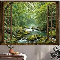 Accnicc Window Forest Tapestry 48x36 Inch Green Rainforest Stream Wall Hanging Bedroom Dorm Living Room Nature Decor