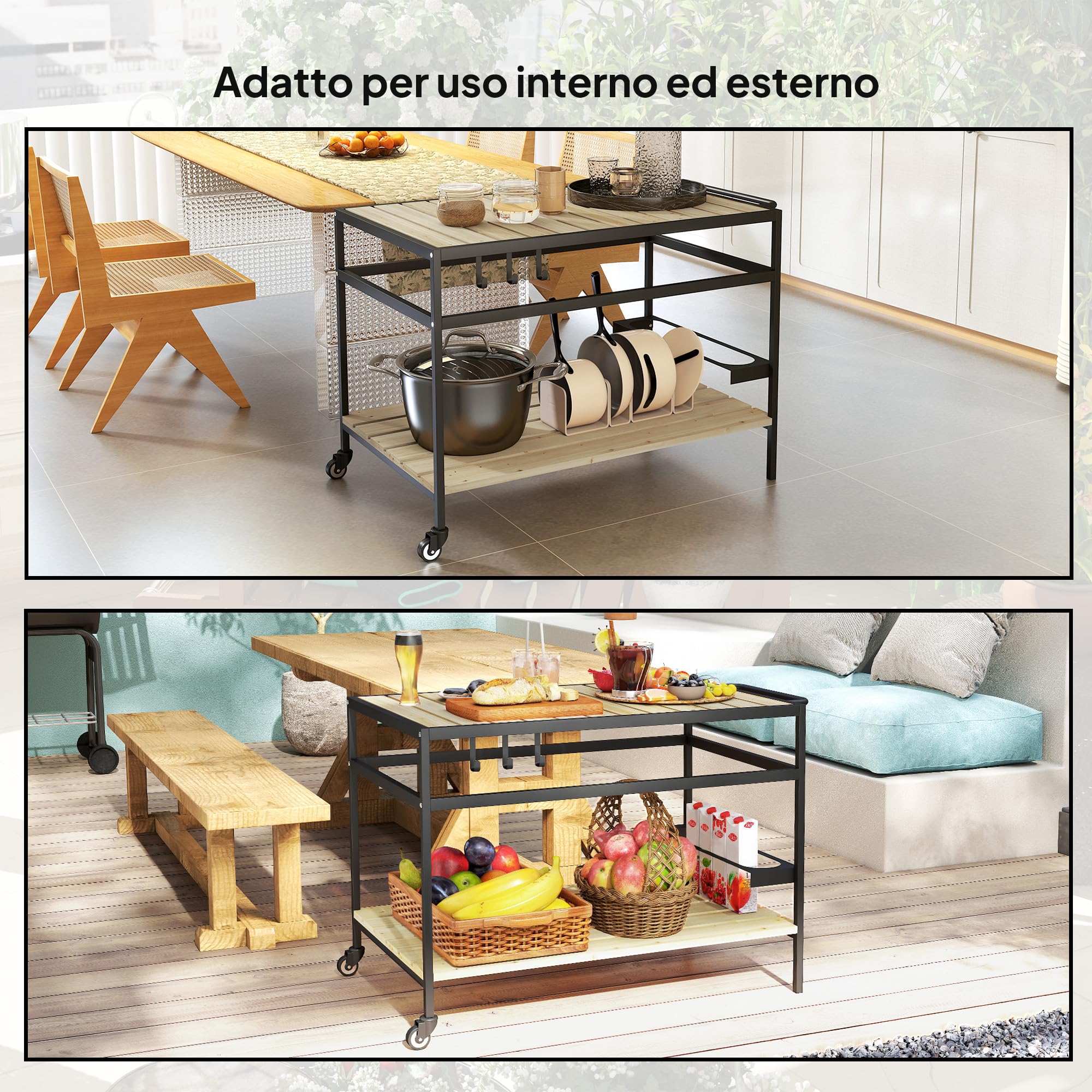 Outsunny Carrello Portavivande da Giardino in Legno di Abete 107x65x80 cm 2 Ripiani 3 Ganci