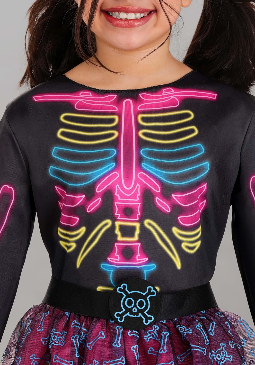 Girls Neon Skeleton Costume Dress with Leggings and Belt - Halloween Outfit with Tulle and Skull Details