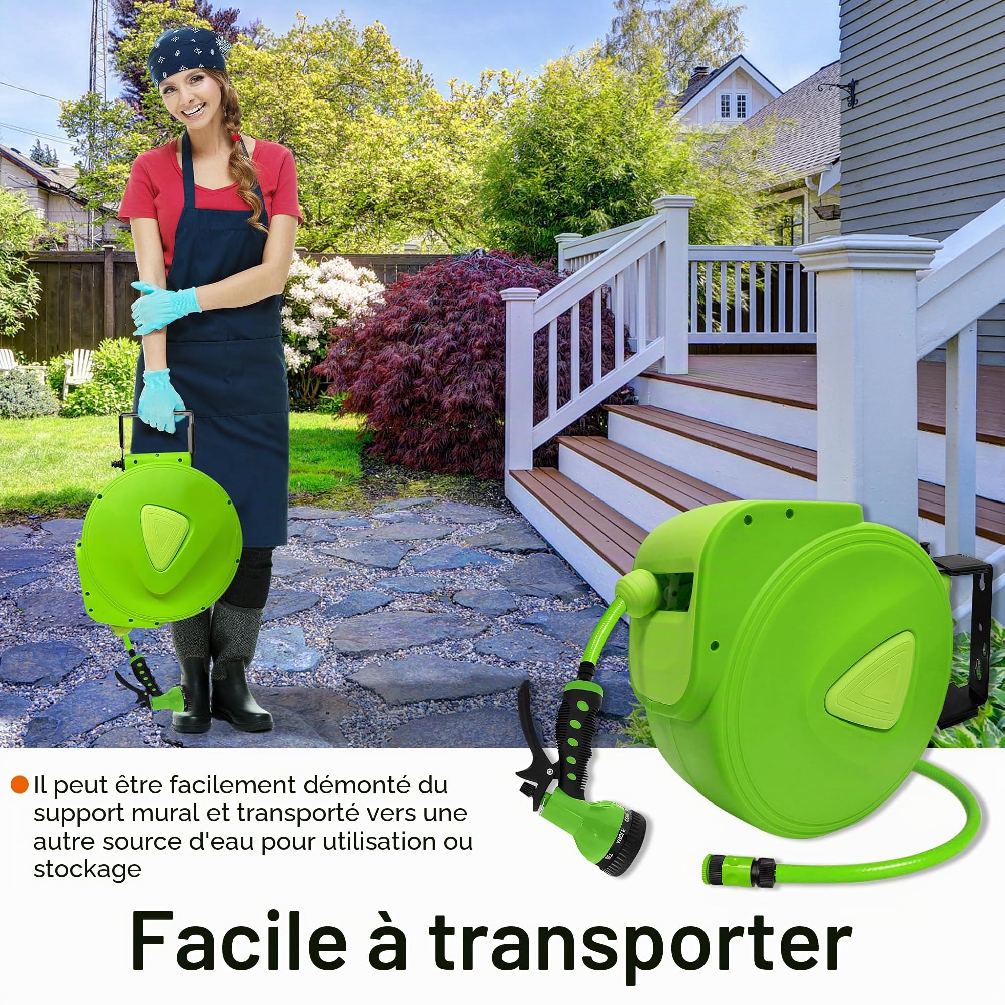Aufun Enrouleur Tuyau Arrosage 20m + 2m automatique avec douchette, raccord 3/4" orientable à 180, Verrouillage à n'importe Quel Point, pour jardin, arrosage, lavage de voiture (Vert, 20m)