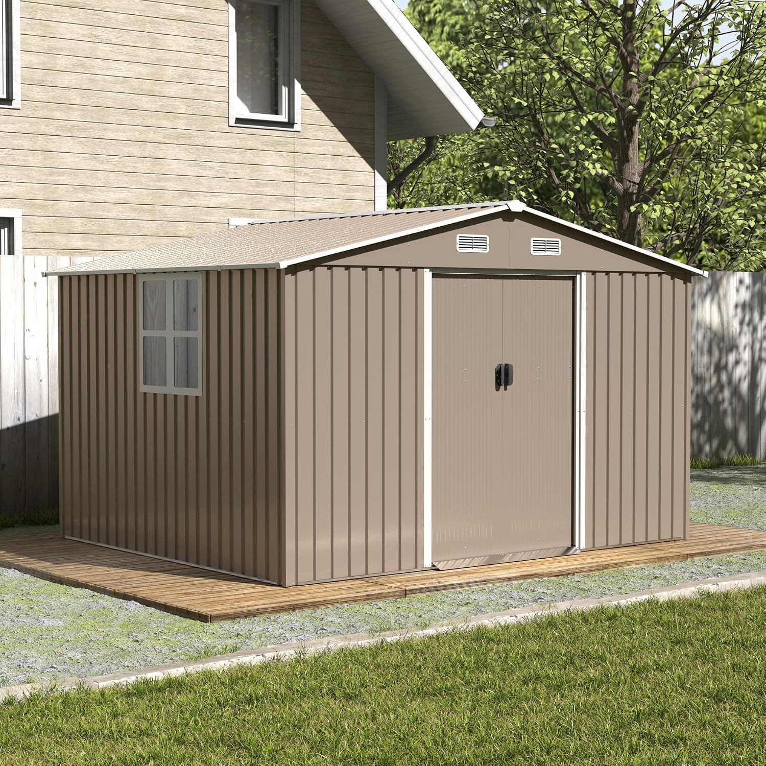 Kullavik 10FT x 8FT Outdoor Storage Shed with Window and Lockable Doors,Waterproof Metal Garden Tool Shed,Galvanized Steel shed for Backyard,Garden,Patio