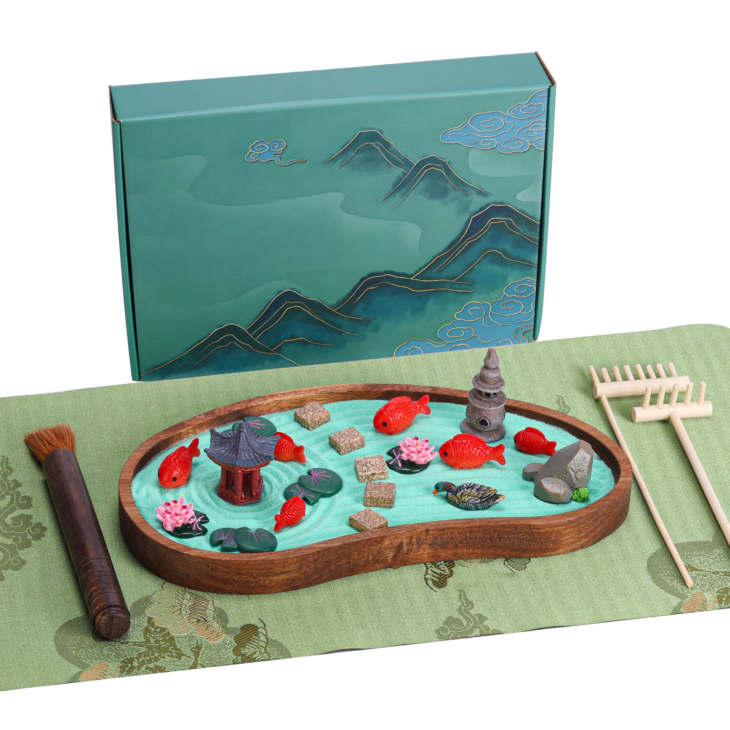Mini Zen Garden Kit with Rake Desktop Meditation Accessories Zen Sand Garden for Desk Japanese Decor (Lotus Pond)