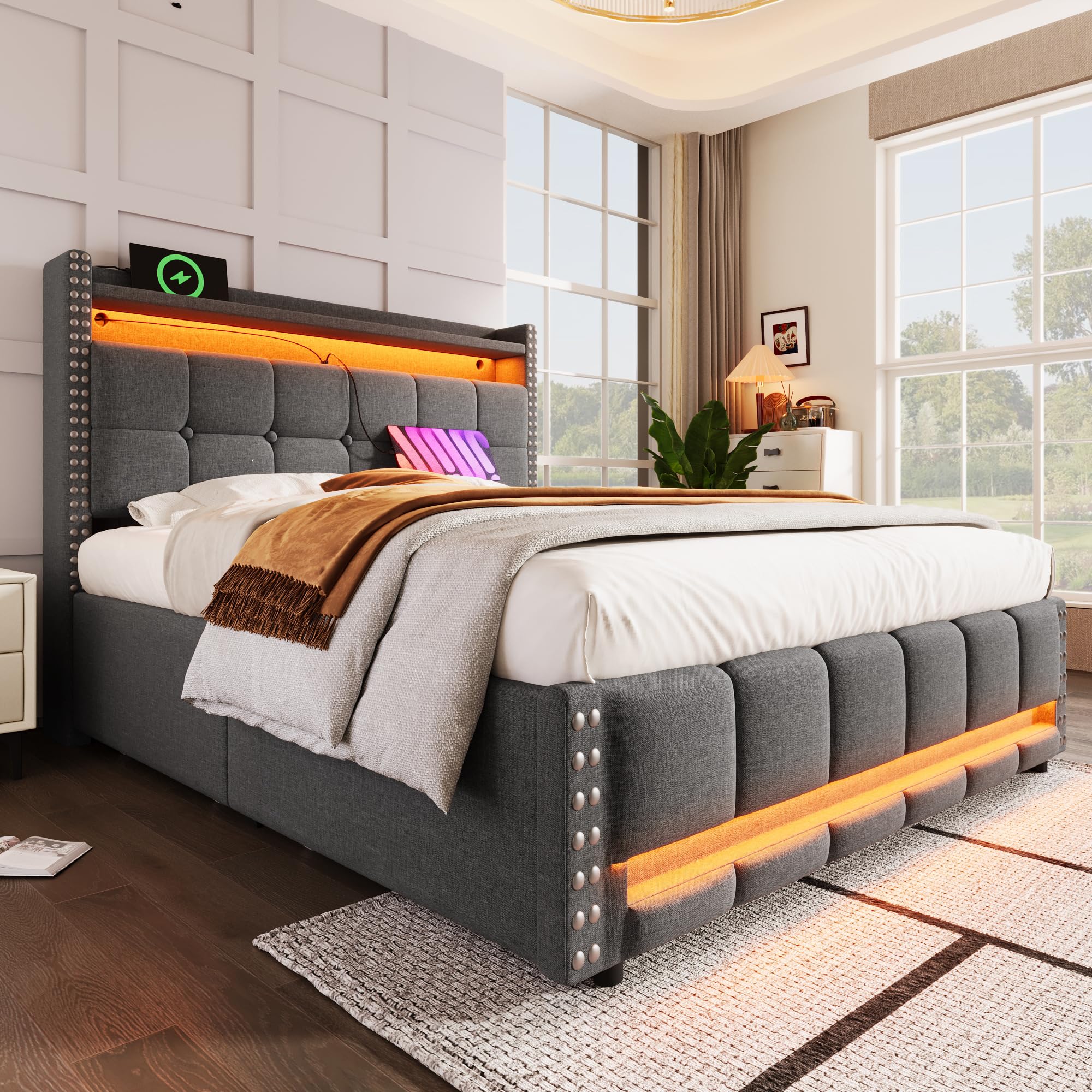 KEYIDE Letto Matrimoniale Imbottito 140x200 Cm – Con Contenitore Idraulico, Luci LED RGB, Porte USB, Grigio - copertina