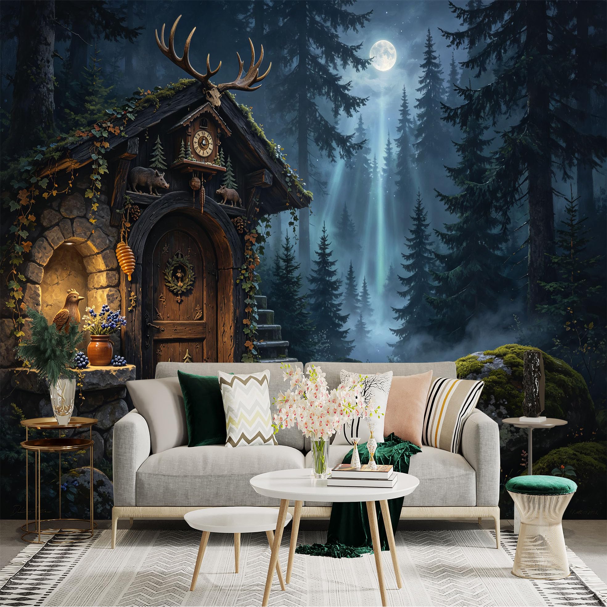 Custom Size Wall Sticker Mural， Moonlit Forest Cabin with Deer Antlers and Pine Trees， for wall Decoration， peelandstick wall Decals.