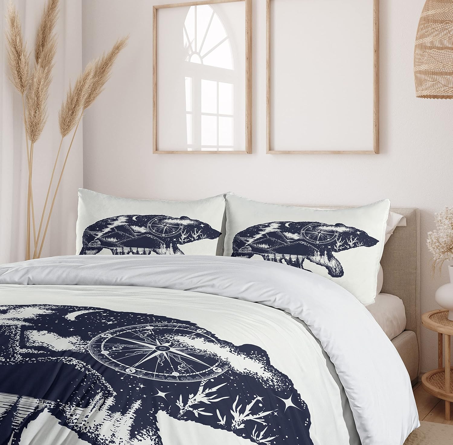 Cabin Duvet Cover Set Queen Size by Ambesonne, Bear Double Exposure Tattoo Artistic Image Great Outdoors Mountains Compass, Decorative 3 Piece Bedding Set with 2 Pillow Shams, Dark Blue Cream