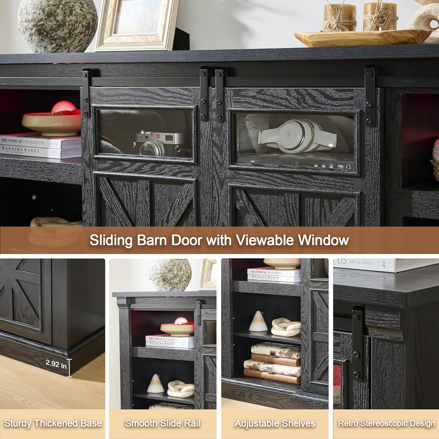 Fireplace TV Stand for up to 80 Inch TVs, 32’’ Tall LED Entertainment Center with Electric Fireplace, Farmhouse TV Console Table w/Sliding Barn Door & Window for Living Room, Black Woodgrain