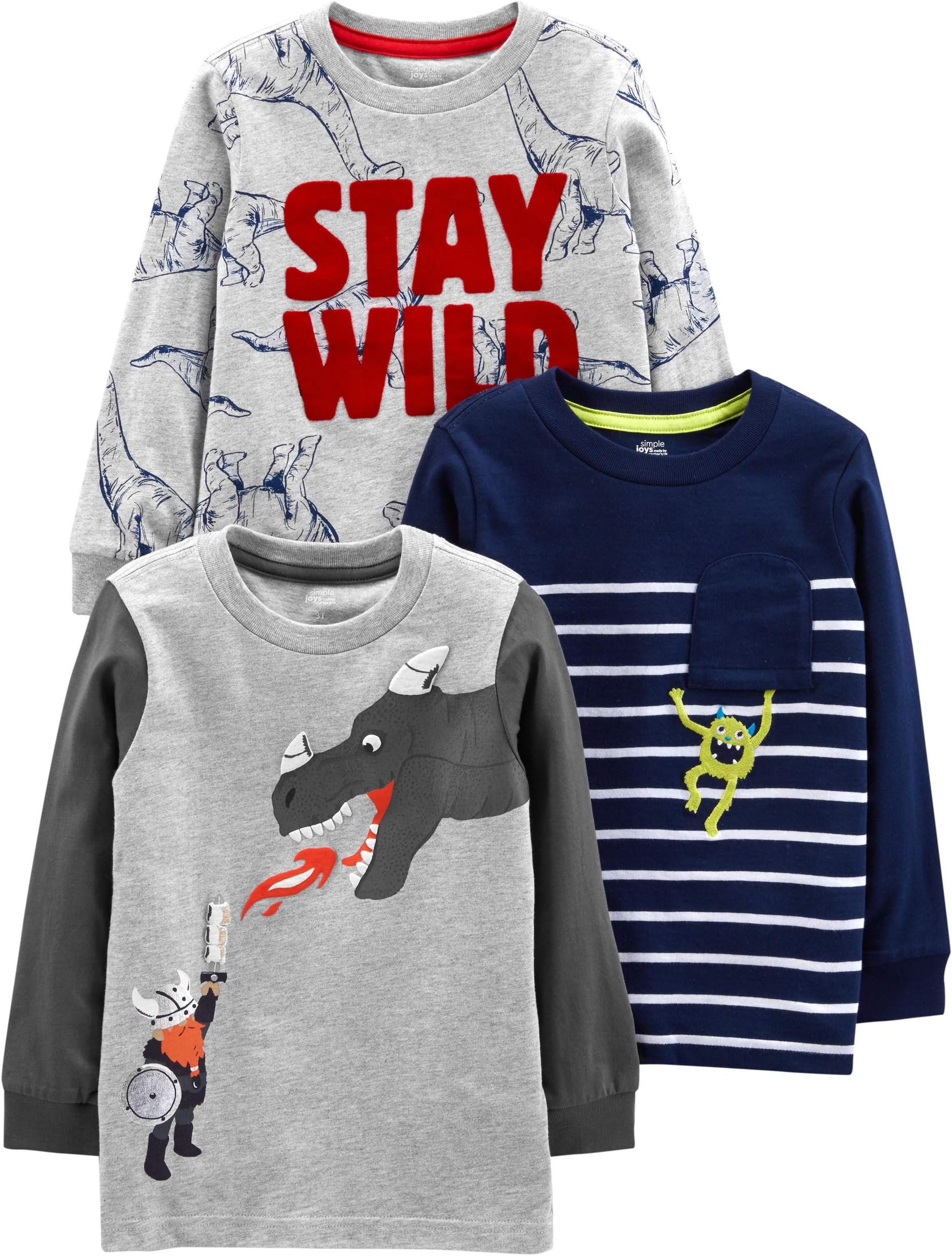 Simple JoysToddler Boys' Graphic Long-Sleeve Tees, Pack of 3