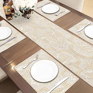 Loom and Mill Elegant Damask Table Runner 90 inches Long Bundles 4PCS Placemats, Jacquard Floral Design Dining Table Linen Set Double Layer for Home Table Setting Kitchen Dresser Party Decor