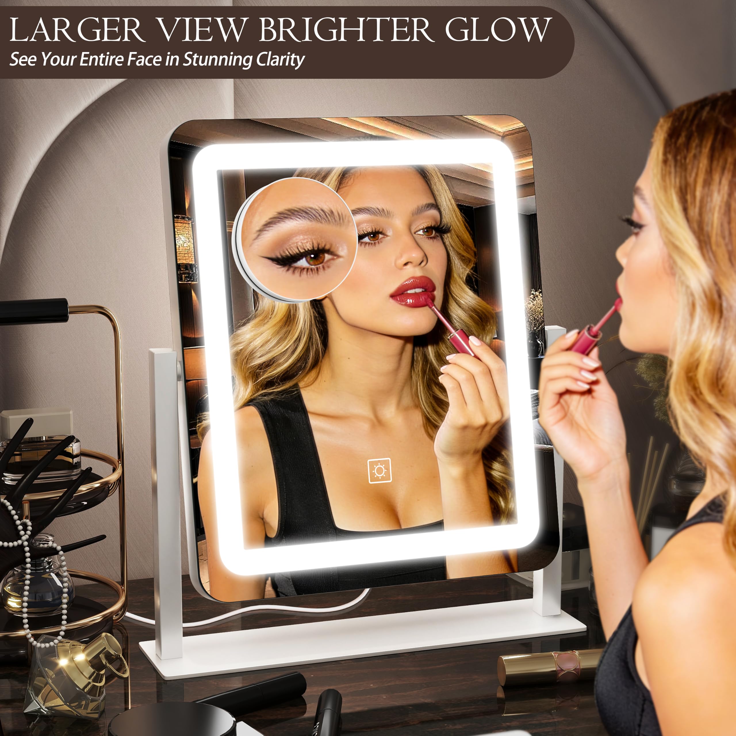 Espejo de tocador LED con luces, espejo de maquillaje iluminado con aumento, 3 luces de color de brillo ajustable, rotación de 360°, espejo cosmético desmontable para mesa de dormitorio