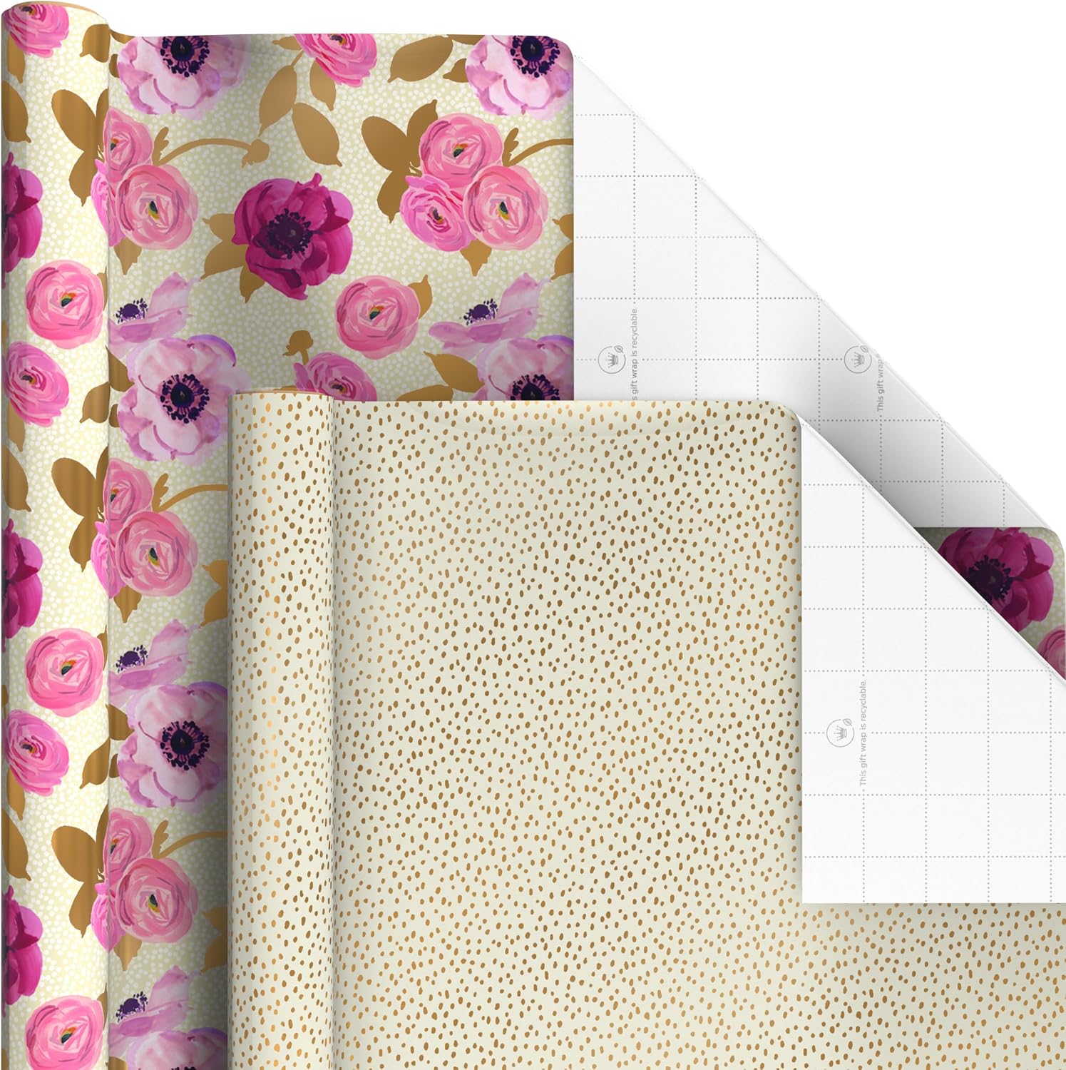 Hallmark Pretty Wrapping Paper with Cutlines on Reverse (6 Rolls: 180 Square Feet Total) Flowers, Butterflies, Stripes, Dots for Birthdays, Mother's Day, Valentine's Day