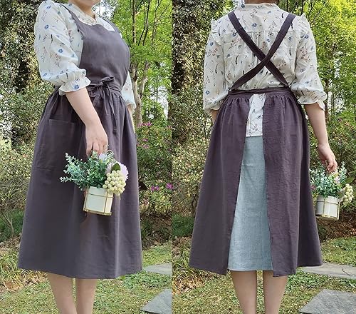 Miniatura 3 de Lindos delantales retro de lino de algodón con espalda en X para el hogar, cocina, jardín, pintura artística, pinafore floristería