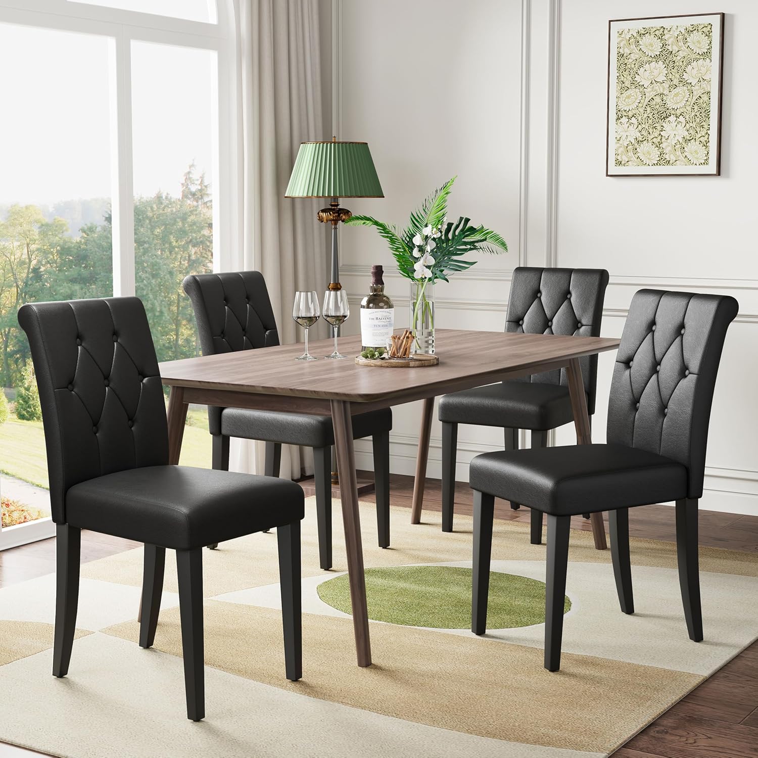 Welzona Upholstered Dining Chairs Set of 4, Button Tufted Parsons Dining Chair with Solid Wood Legs, Modern PU Leather Side Chair for Dining Room/Kitchen/Restaurant/Hotel- Black