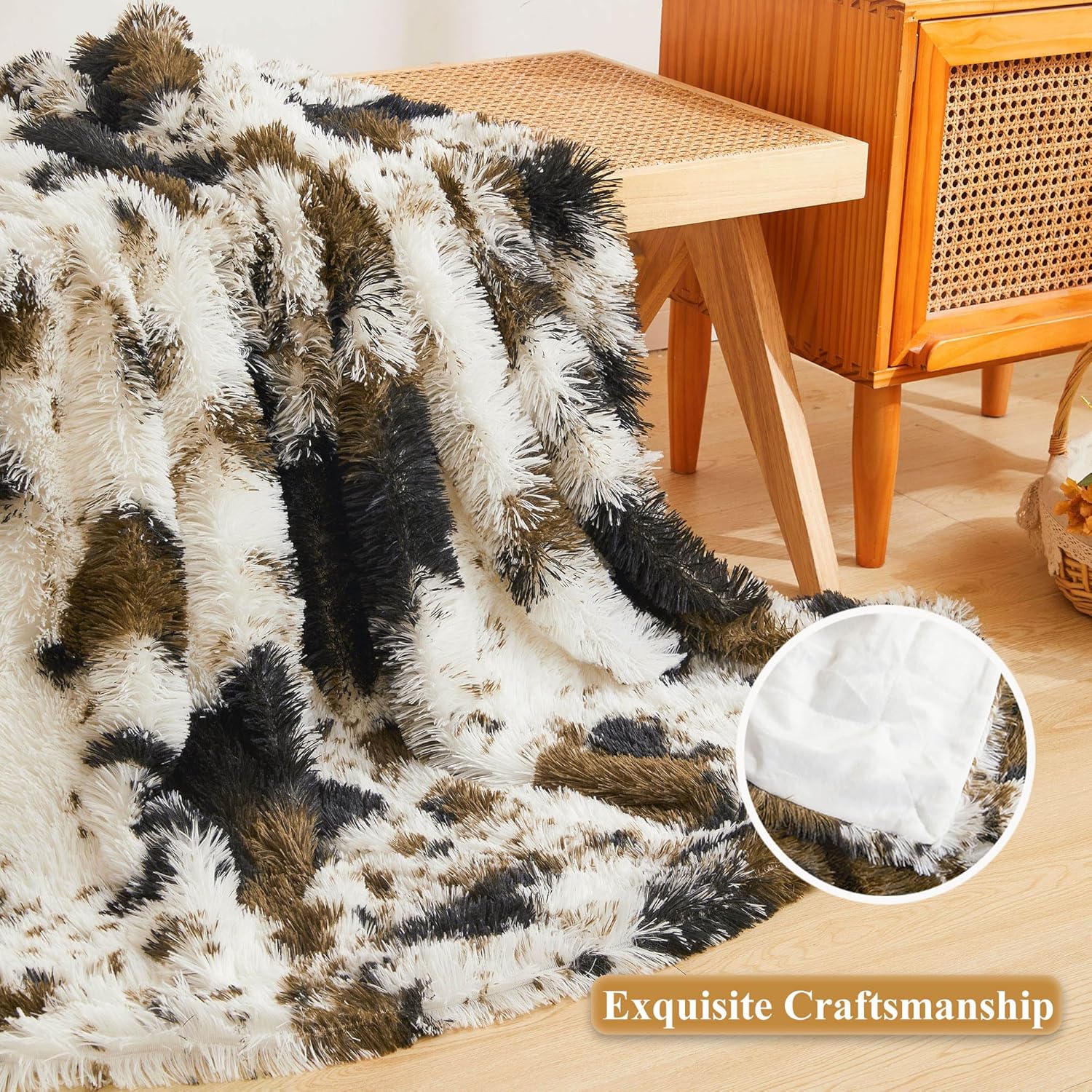XeGe Luxury Faux Fur Throw, Soft 50x60 Cow Print Fluffy Blanket, Shaggy Plush Decorative Couch Throw, Cute Furry Animal Print Fuzzy Blanket for Sofa Bed, Cow Brown - Image 4