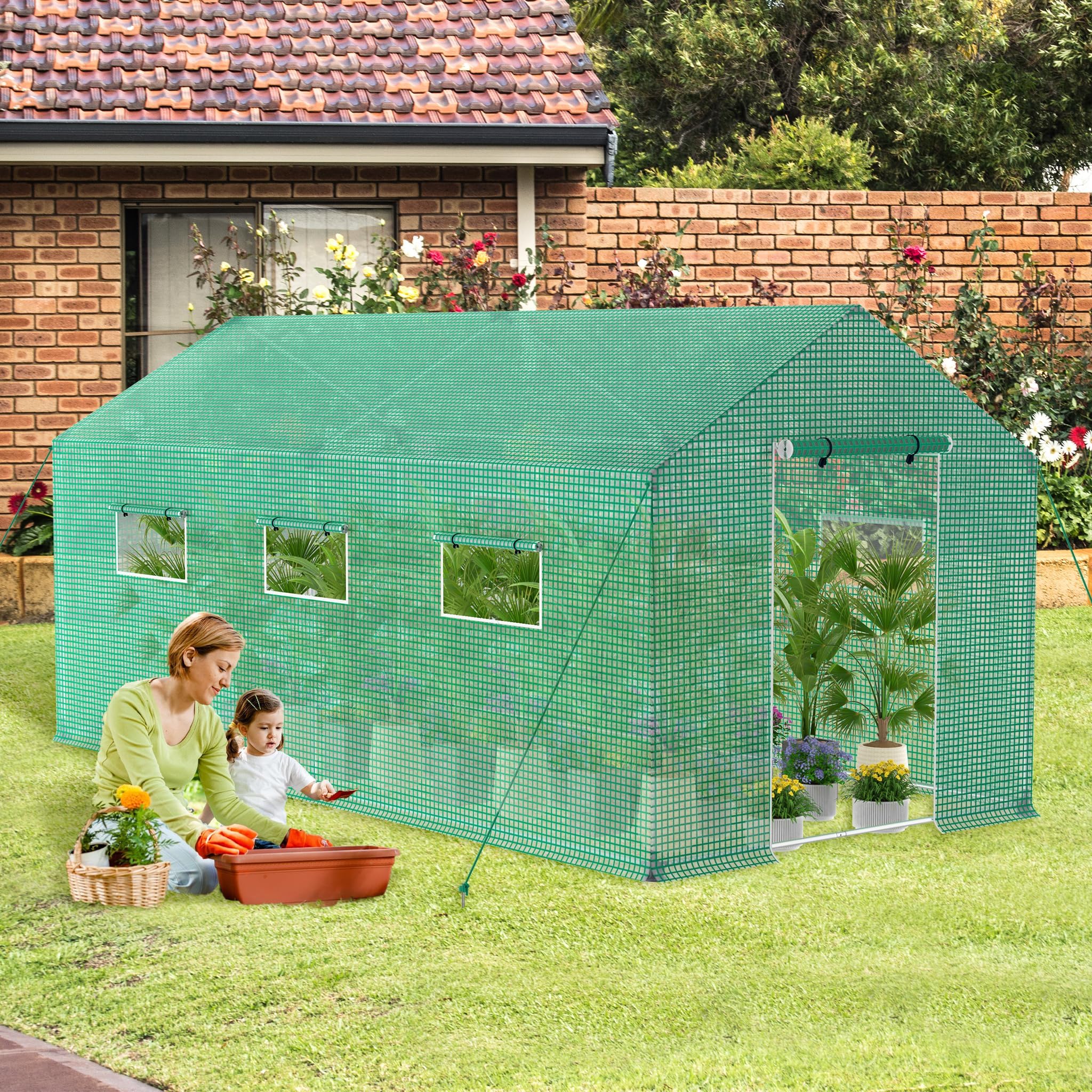 LZQ Invernadero con láminas de aluminio,4,5 x 2 x 2 m,para tomates, resistente al invierno, túnel con rejilla de rejilla y estribo,base de acero,anclaje de tierra inclinado,casa de plantas,color verde
