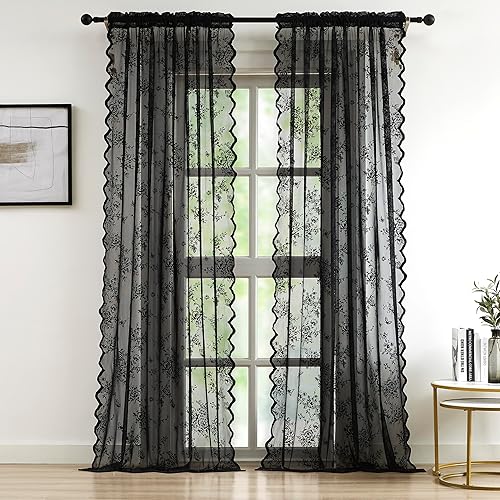 Bujasso Black Lace Curtains Vintage Floral Black Sheer Curtains 95 inch Rod Pocket Light Filtering Victorian Gothic Black Lace Sheer Drapes for Living Room Bedroom Halloween 2 Panels 54" Wx95 L - 54"W x 95"L (Pack of 2) - Floral Black