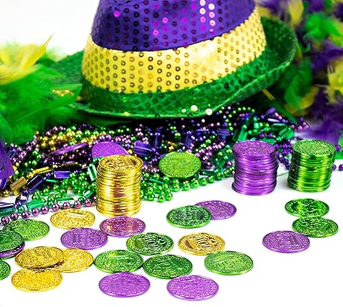 Miniatura 2 de GiftExpress 144 monedas de plástico Mardi Gras surtidas de oro metálico verde morado Mardi Gras a granel para desfile de Mardi Gras recuerdos de