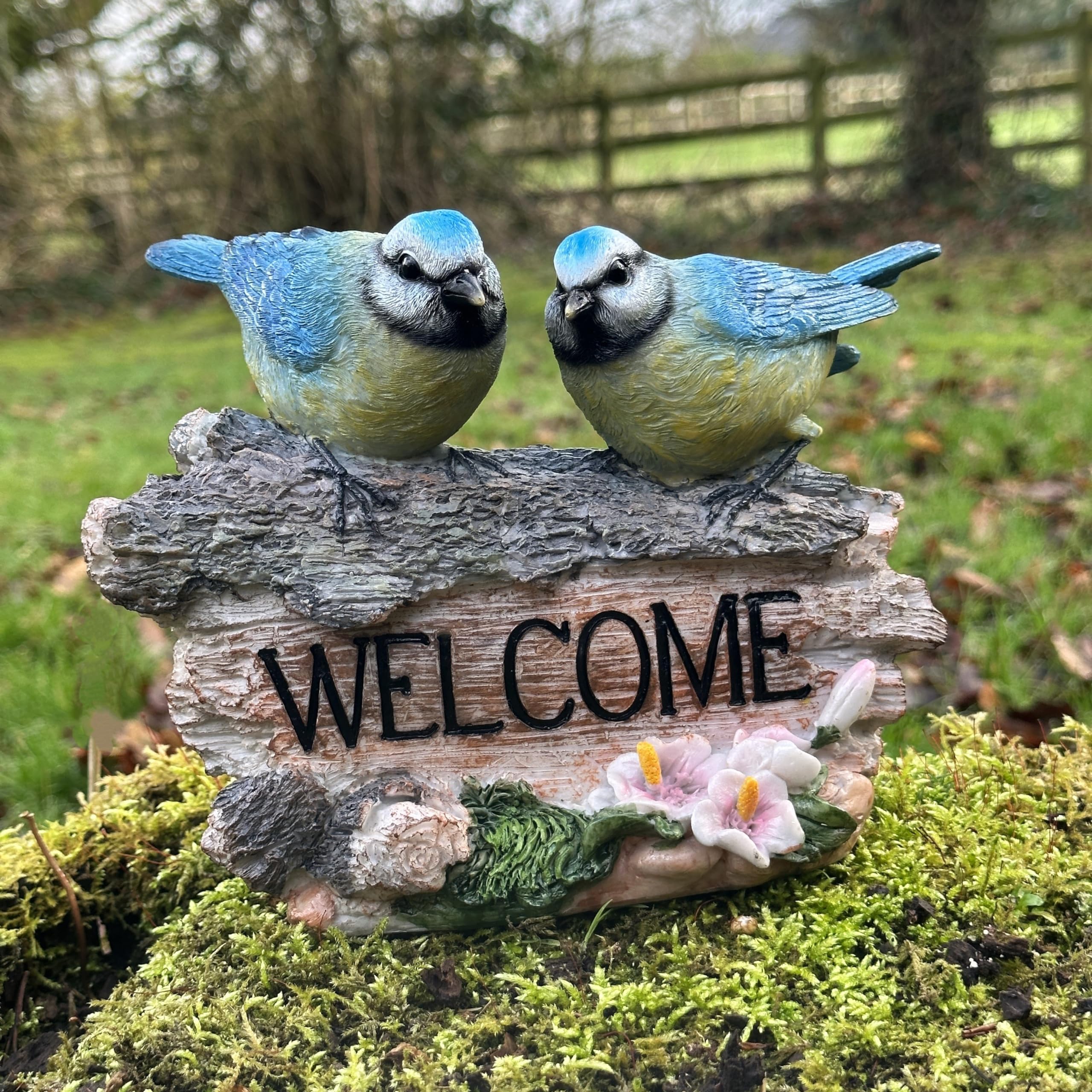 Animal Crackers 'WELCOME' sign garden ornaments with choice of birds or animals, stone or old wooden log effect (Blue Tits)