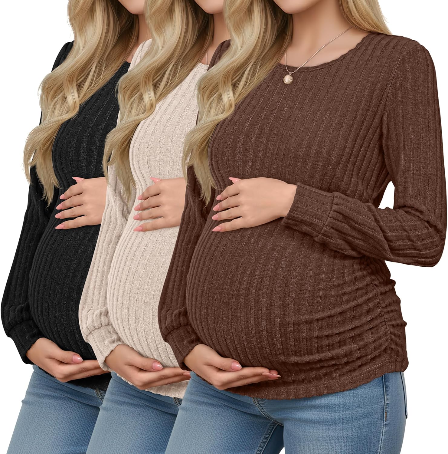 3 Pack Women's Maternity Shirts Ribbed Long Sleeve Tops Pregnancy Sweaters Crew Neck Knit Side Ruched Tunic Tees