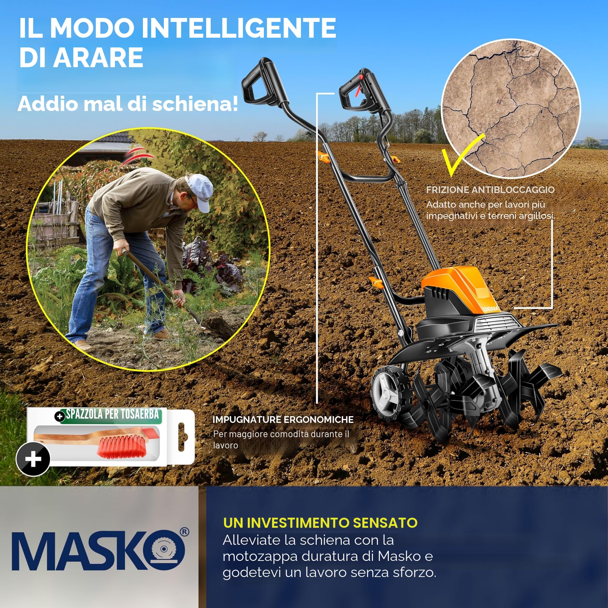 MASKO® Motozappa elettrica 1500W | larghezza di lavoro 45 cm - profondità di lavoro 20 cm | zappatrice per terreno | fresatrice agricola - coltivatore - fresa da giardino | zappatrice elettrica