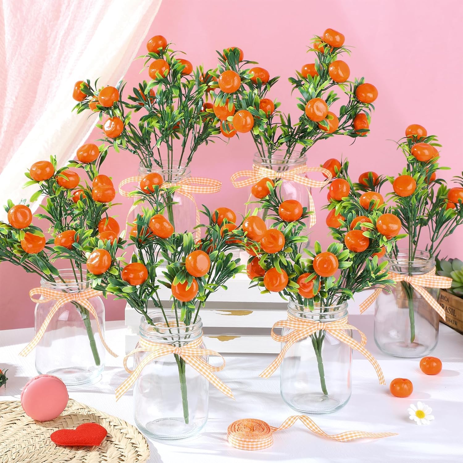 Fovths 6 Set Artificial Tangerine Branches Mason Jar Centerpiece Decorations for Dining Table Simulation Tangerine Branches Faux Oranges Fruit Decoration for Home Kitchen Engagement Bridal Shower