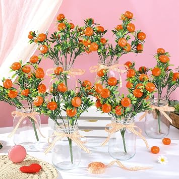 Fovths 6 Set Artificial Tangerine Branches Mason Jar Centerpiece Decorations for Dining Table Simulation Tangerine Branches Faux Oranges Fruit Decoration for Home Kitchen Engagement Bridal Shower
