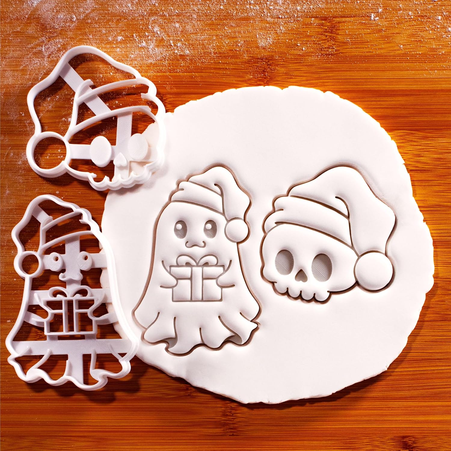 BAKERLOGY Set of 2 Christmas Ghost & Cute Skull Cookie Cutters – Kawaii Santa Hat Spirit and Festive Skull Baking Molds for Holiday Cookies & Fondant Decorations