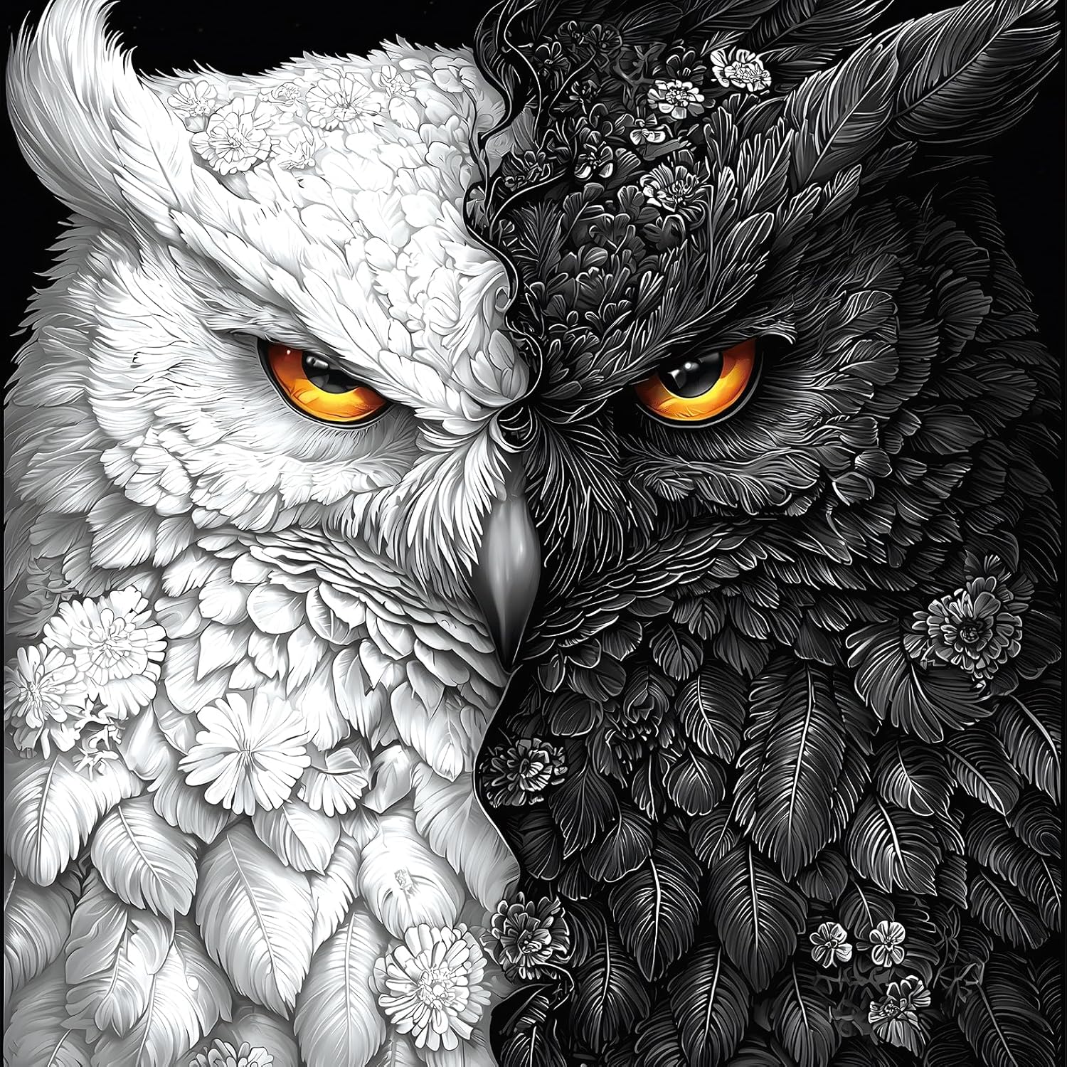500 Pieces Yin Yang Owl Puzzle, Bird Jigsaw Puzzle, Black and White Owl with Floral Design, Vintage Animal Art Puzzle for Adults