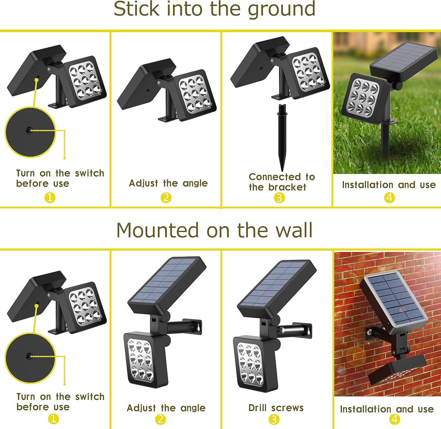 Solar Lights 2-in-1 Waterproof 9 LEDs Solar Landscape Spotlights Outdoor Adjustable Wall Light Landscape Light Security Lighting Dark Sensing Auto On/Off for Patio Deck Yard Garden Driveway, 4Pack