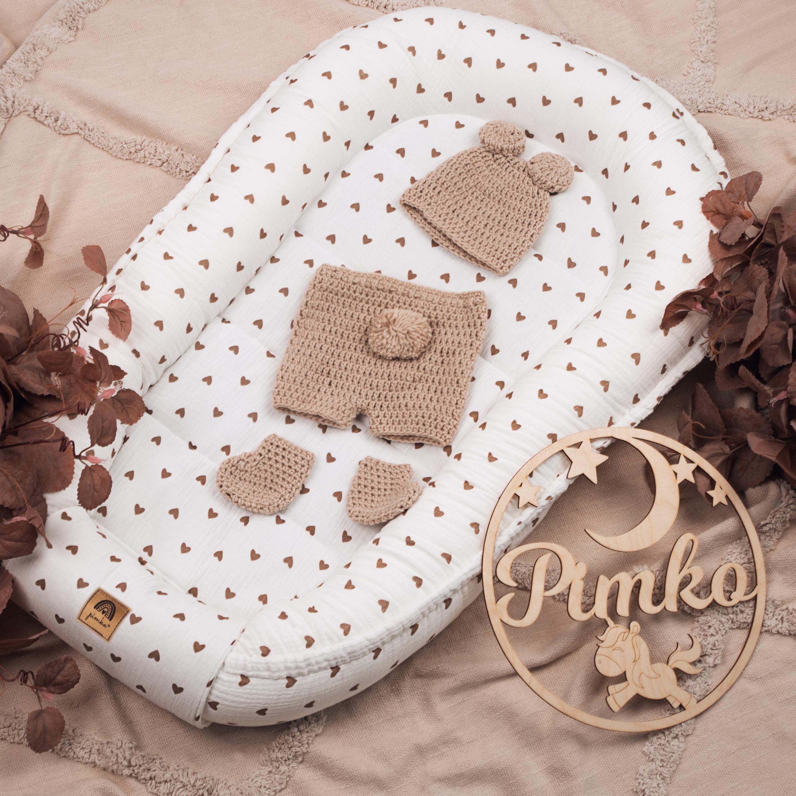 PIMKO Nido de bebé nido para bebé, capullo para bebés y recién nacidos, 60 x 90 cm, 100% algodón muselina, corazones blancos