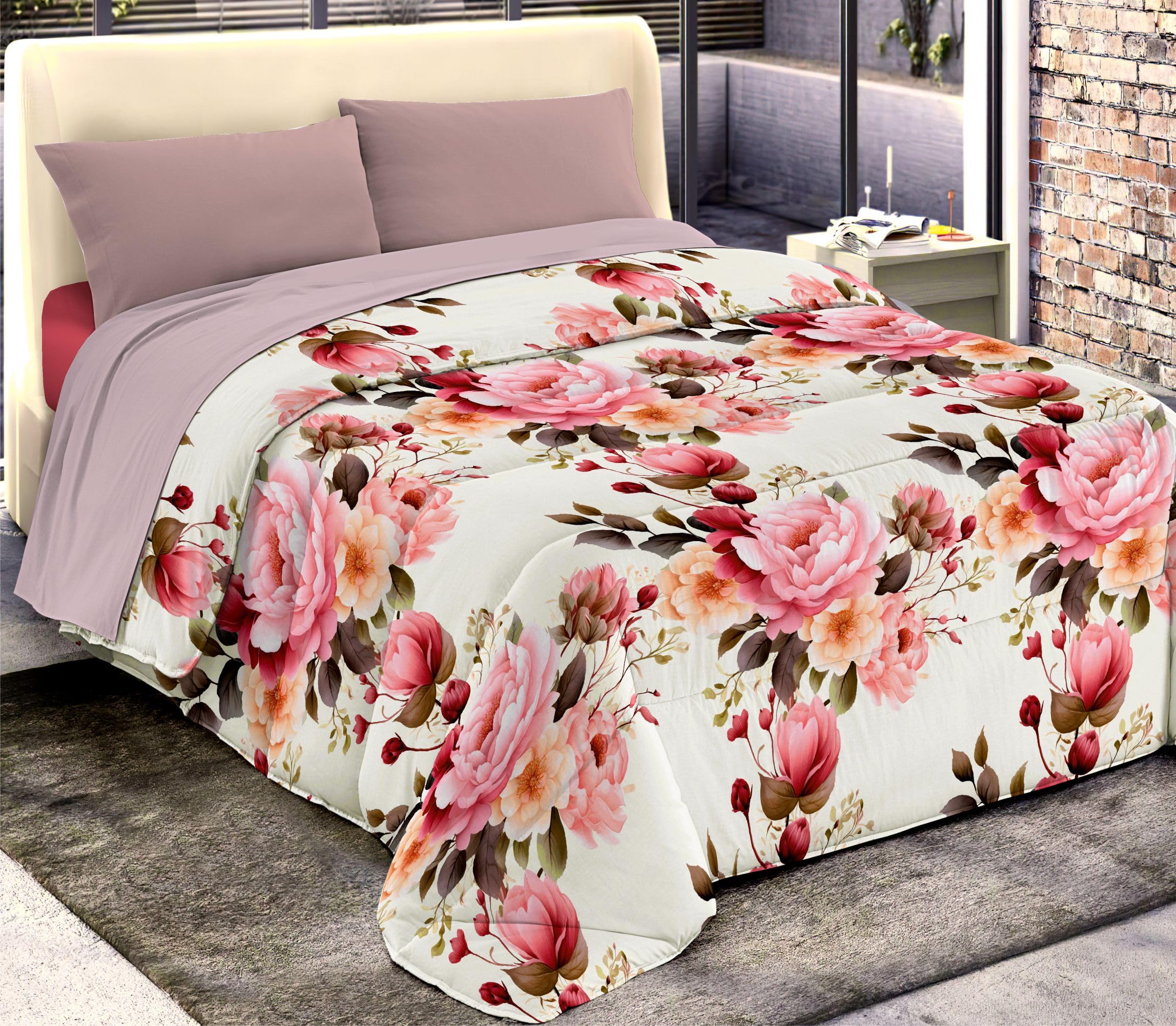 Tata Home Trapunta Invernale Piazza Mezza Imbottita in Morbida Microfibra Piumone Letto Trapuntato Caldo e Soffice Autunno Inverno Traspirante Anallergico Fantasia Fiori Mod.13 Rosa