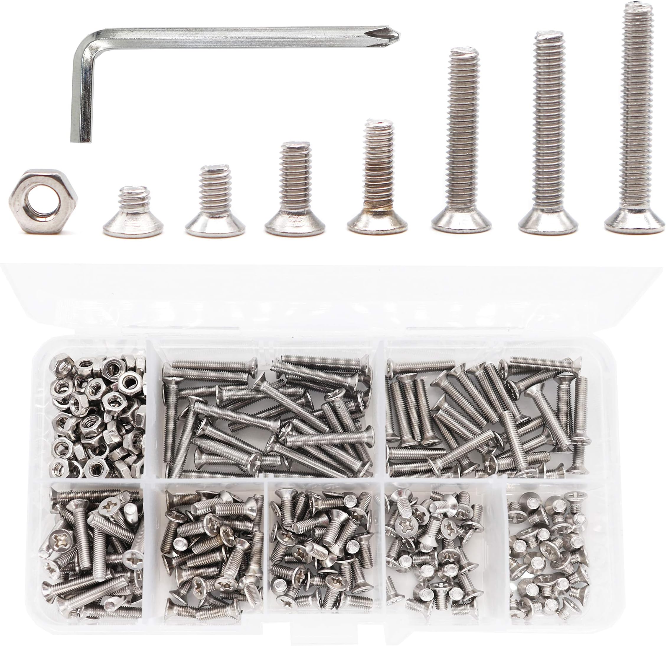 360pcs M3 Countersunk Flat Head Phillips Machine Screws and M3 Hex Nuts Kit, 4mm/ 6mm/ 8mm/ 10mm/ 12mm /16mm / 20mm, 304 Stainless Steel
