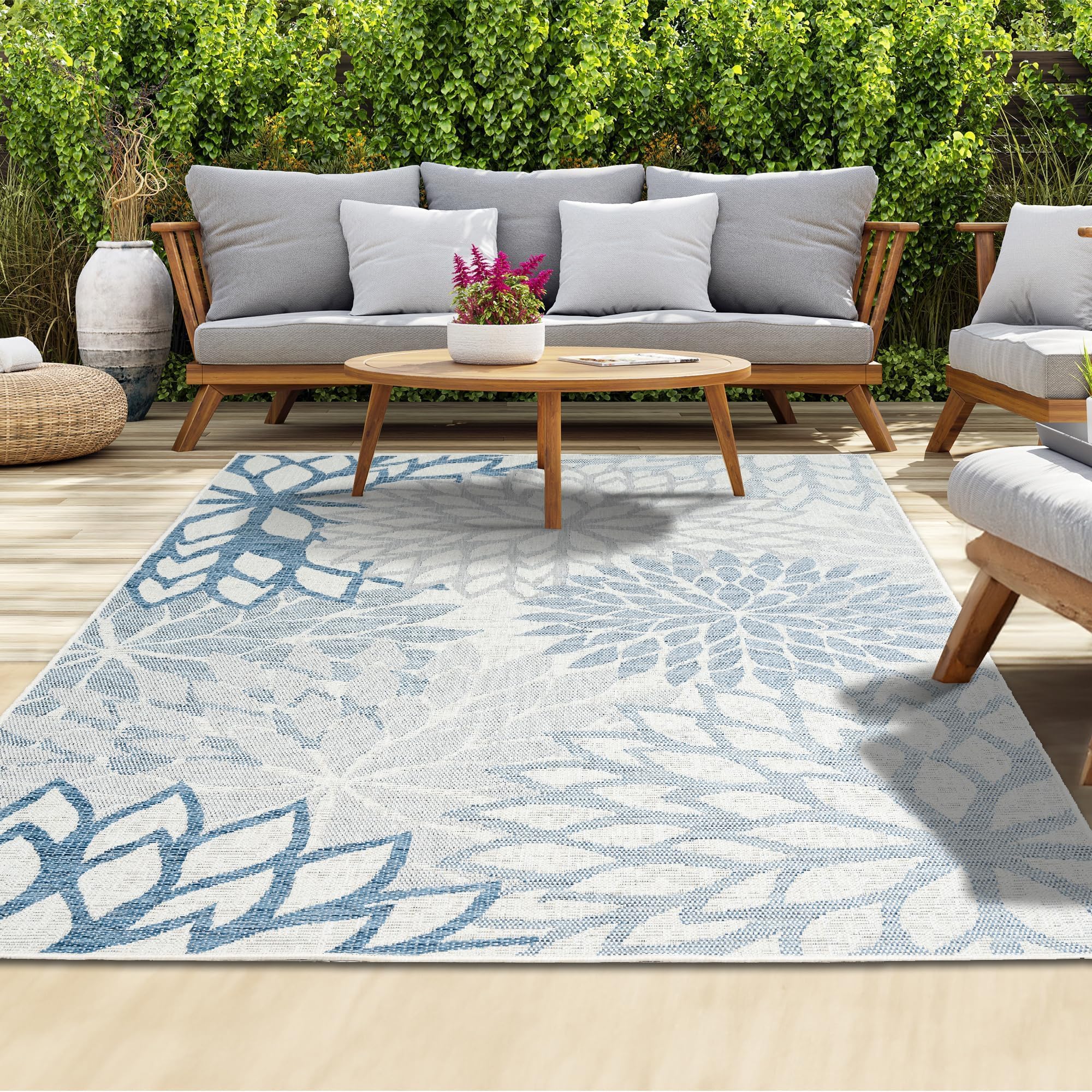 homeart Outdoor Rug - Easy-Clean, Durable, Stain-Resistant, Weather & UV Resistant Indoor & Outdoor Rugs for Porch, Deck, Balcony, Garden, Picnic and Patio | Bellis Blue, Grey - 80x150cm