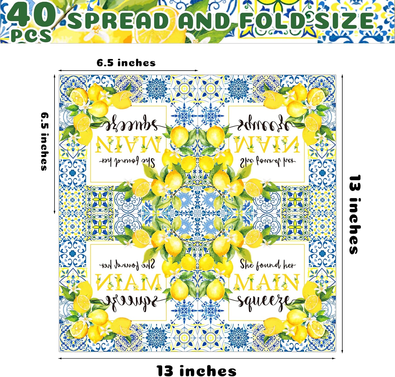 40Pcs Tiles Lemon Paper Napkins She Found Her Main Squeeze Pattern Theme Party Supplies Tableware Blue and White Porcelain Lemon Dinner Napkins for Theme Party Decorations,6.5" x 6.5"