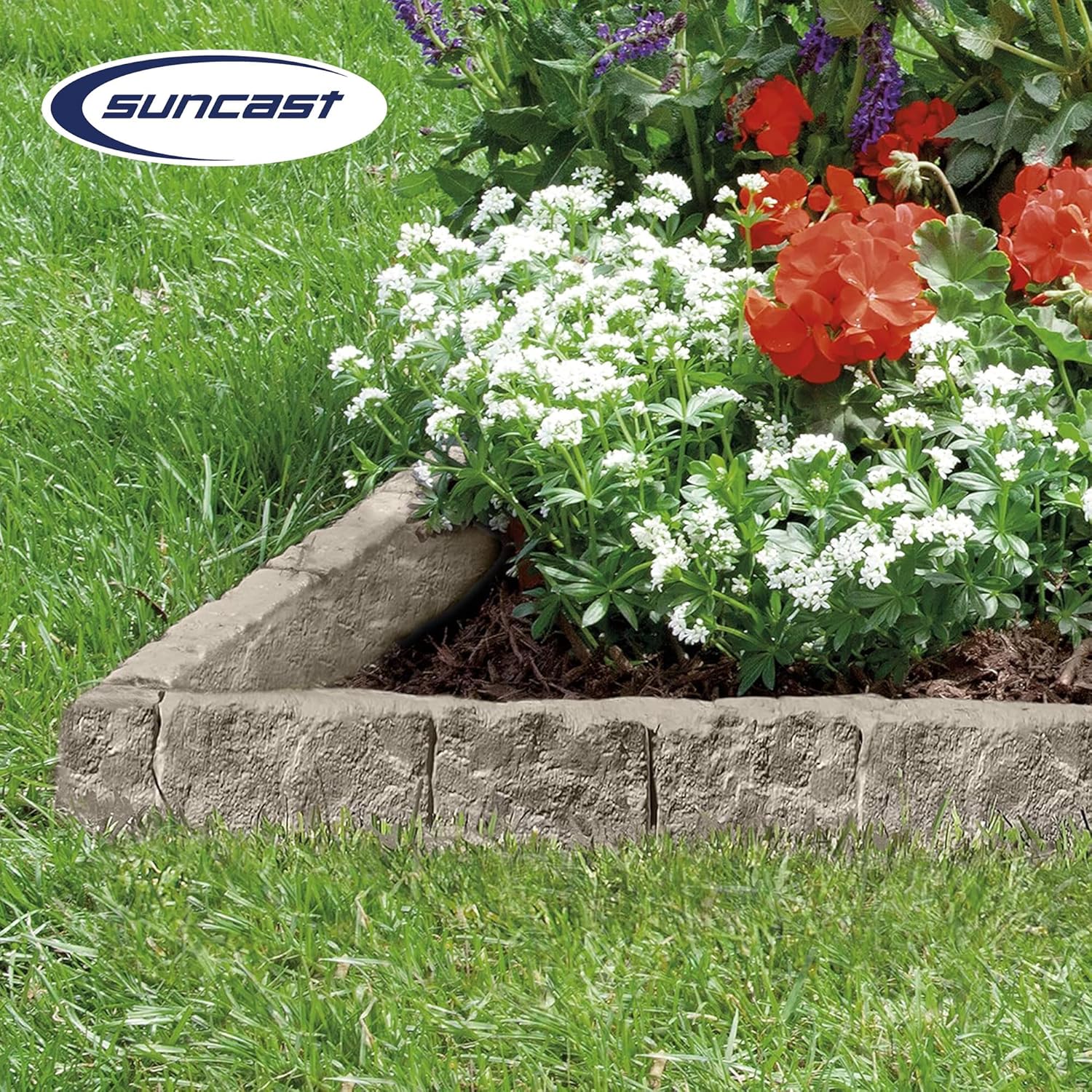 Suncast Interlocking Border Edging - Stone -Like Poly Construction for Garden, Lawn, and Landscape Edging - Water Resistant Border for Containing Trees, Flower Beds and Walkways - Light Taupe -Gray