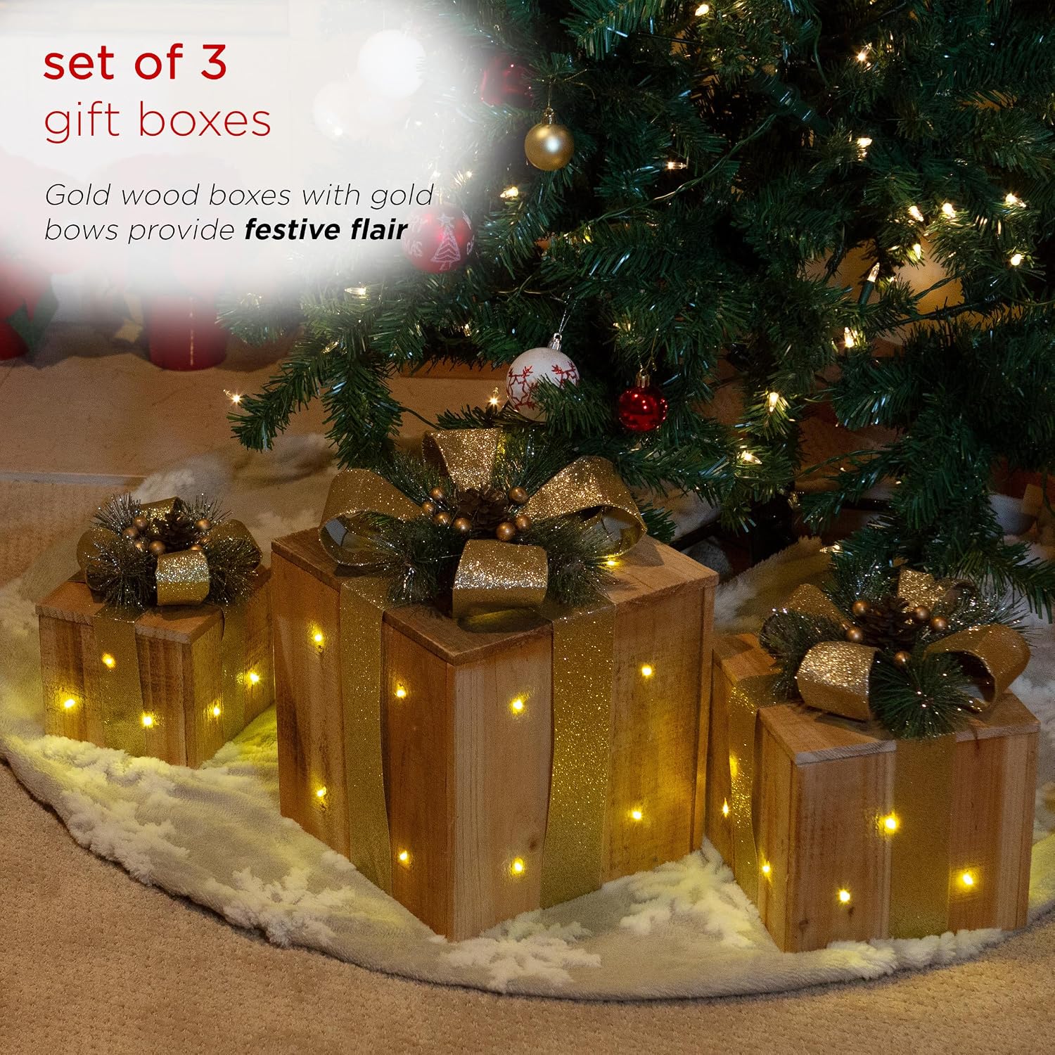 Alpine Corporation 3 Piece Wooden Gift Box Christmas Decor with LED Lights, Golden Ribbon